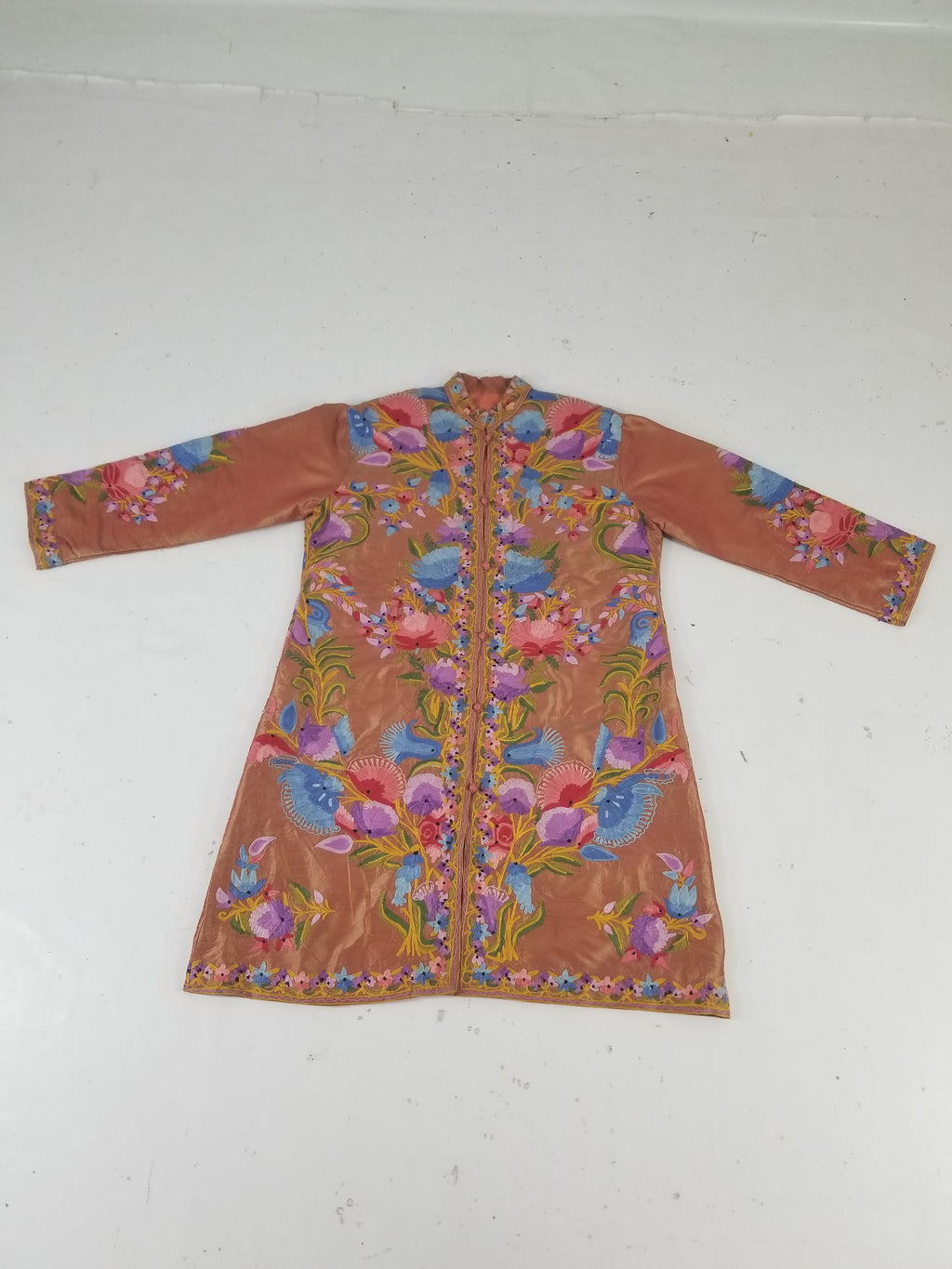 Vintage Traditional Kashmiri Crewel Embroidered Floral Silk Coat