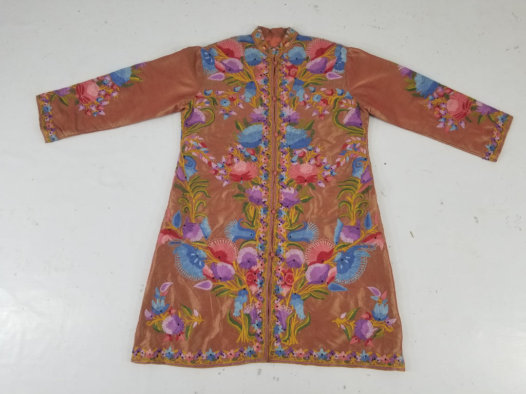Vintage Traditional Kashmiri Crewel Embroidered Floral Silk Coat