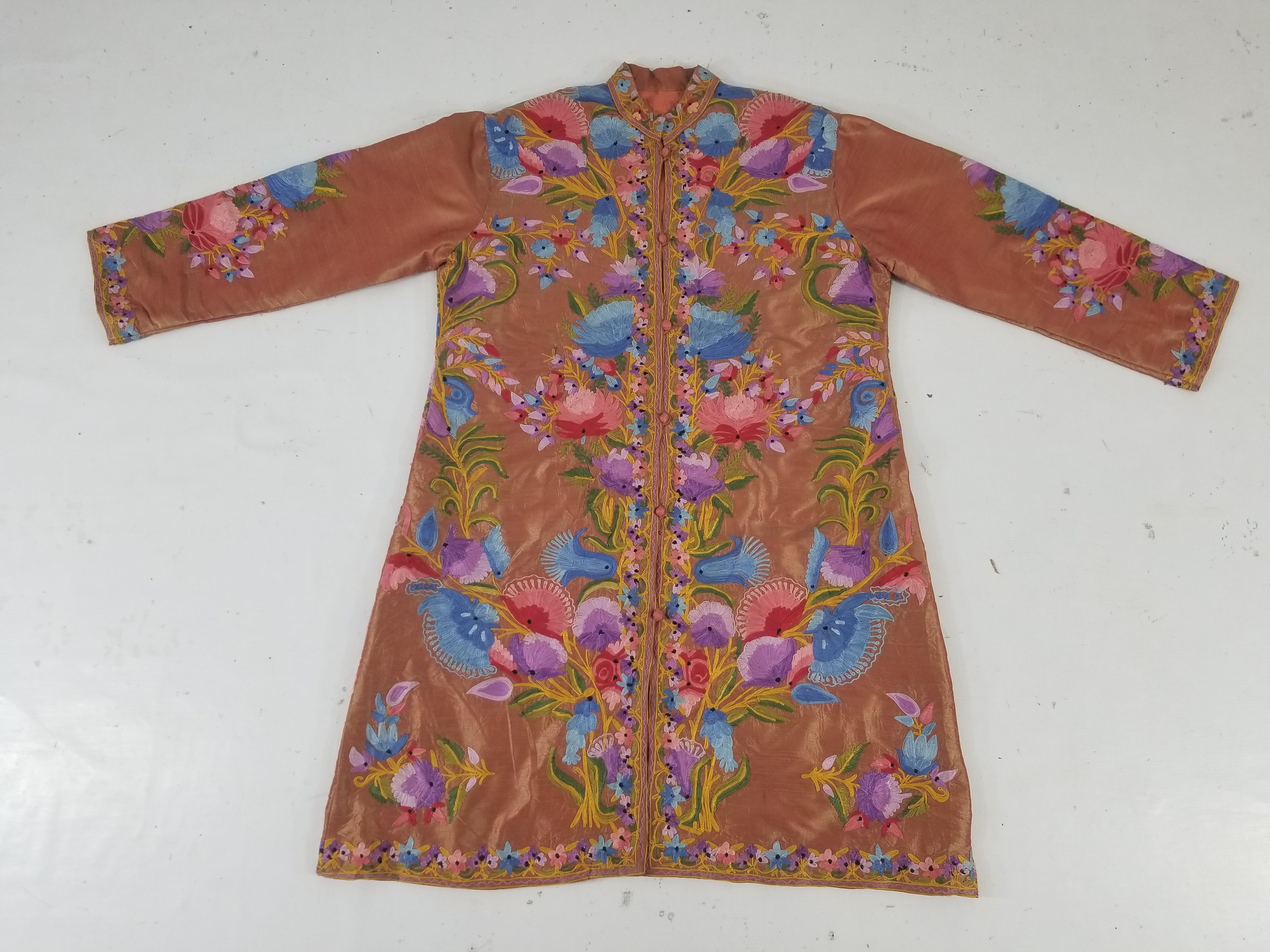 Vintage Traditional Kashmiri Crewel Embroidered Floral Silk Coat