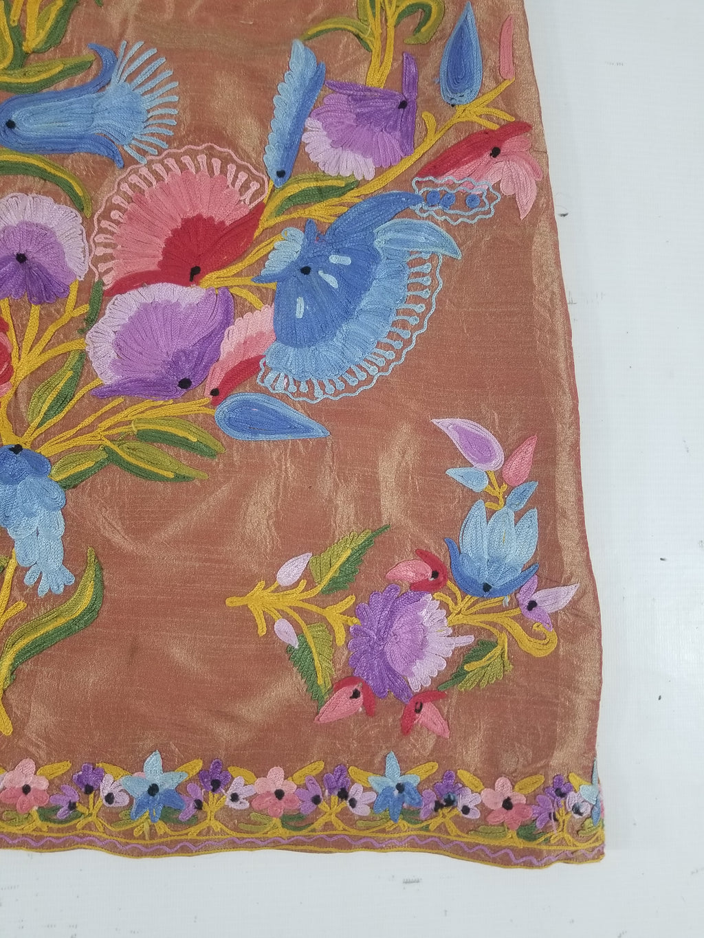 Vintage Traditional Kashmiri Crewel Embroidered Floral Silk Coat