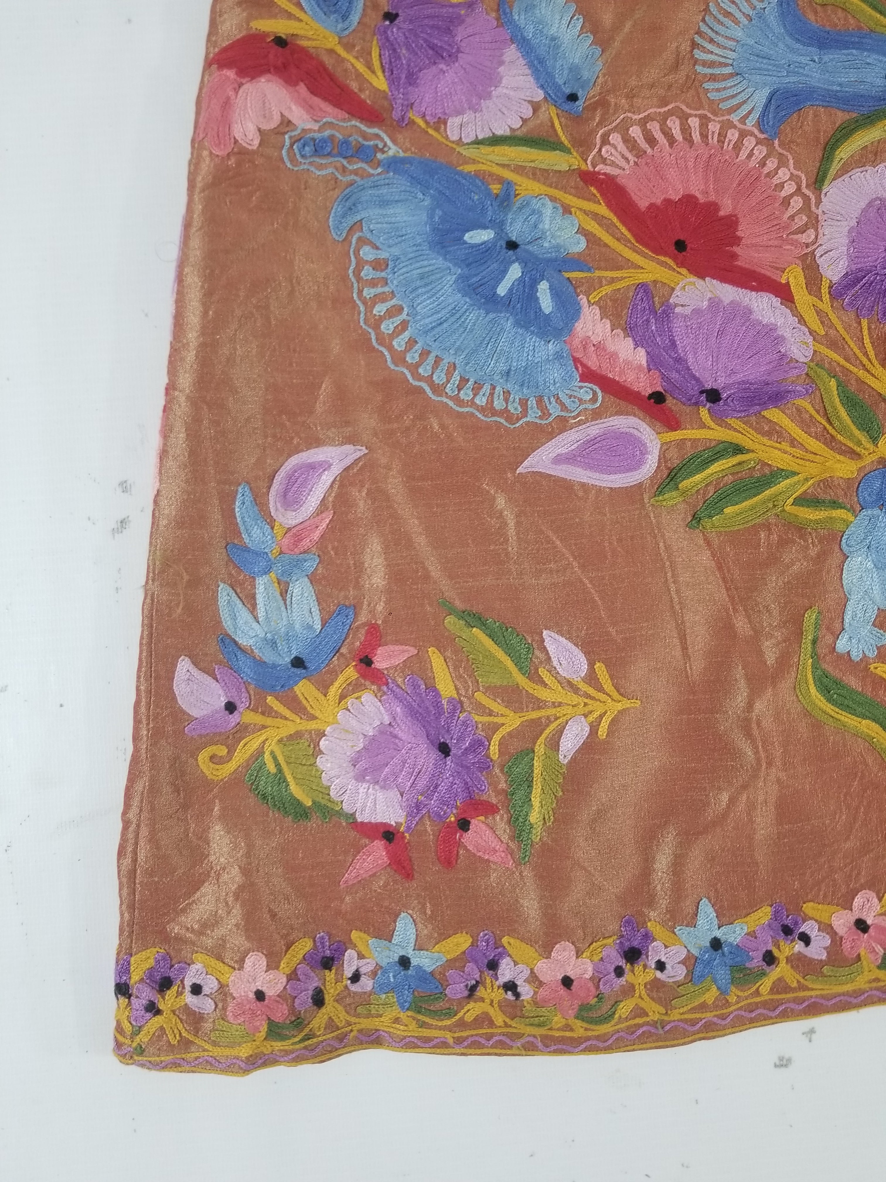 Vintage Traditional Kashmiri Crewel Embroidered Floral Silk Coat