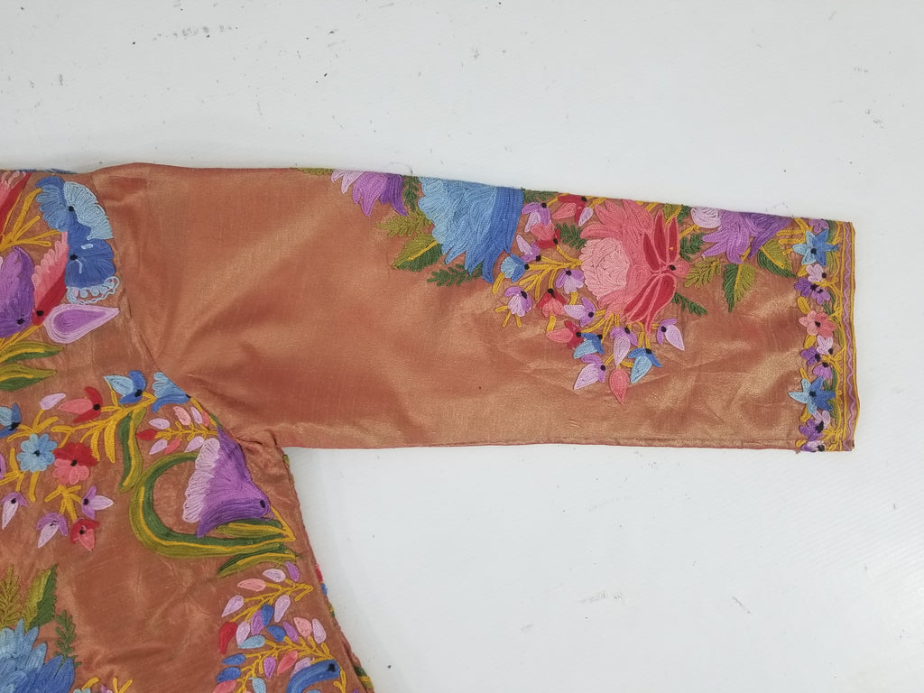 Vintage Traditional Kashmiri Crewel Embroidered Floral Silk Coat