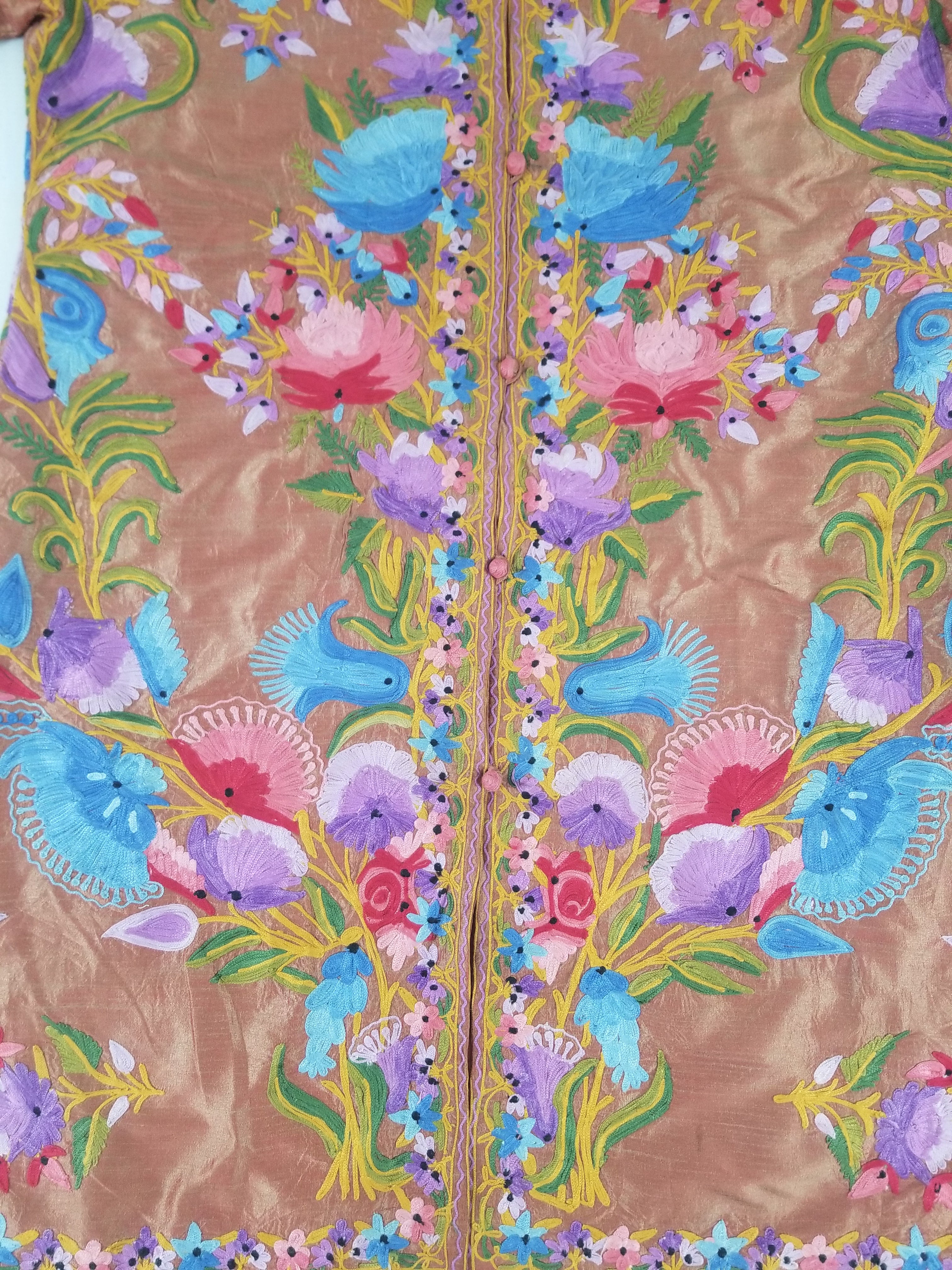 Vintage Traditional Kashmiri Crewel Embroidered Floral Silk Coat