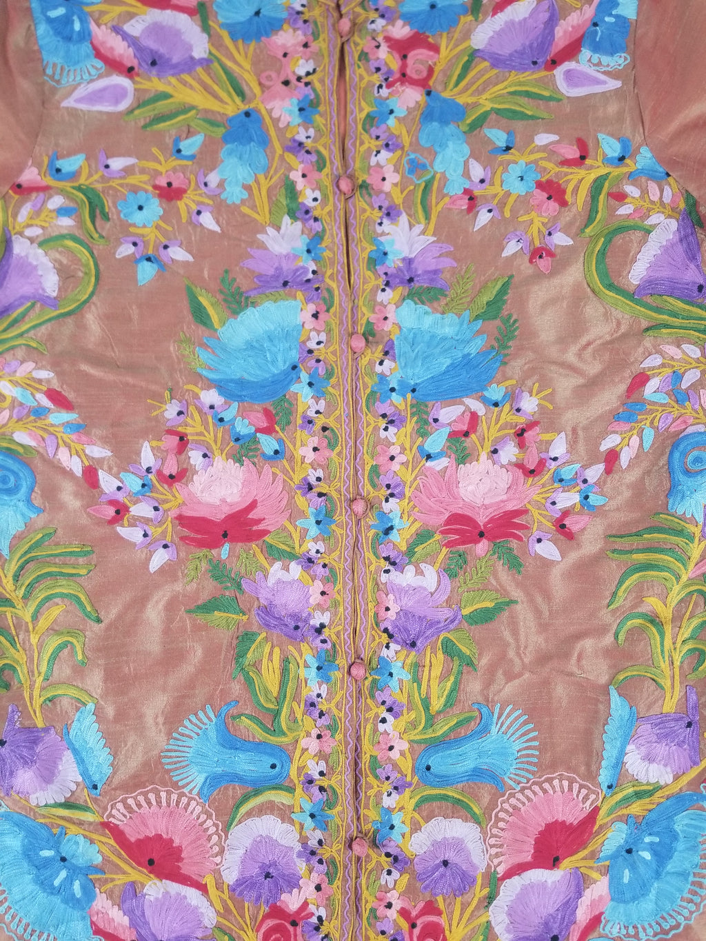 Vintage Traditional Kashmiri Crewel Embroidered Floral Silk Coat