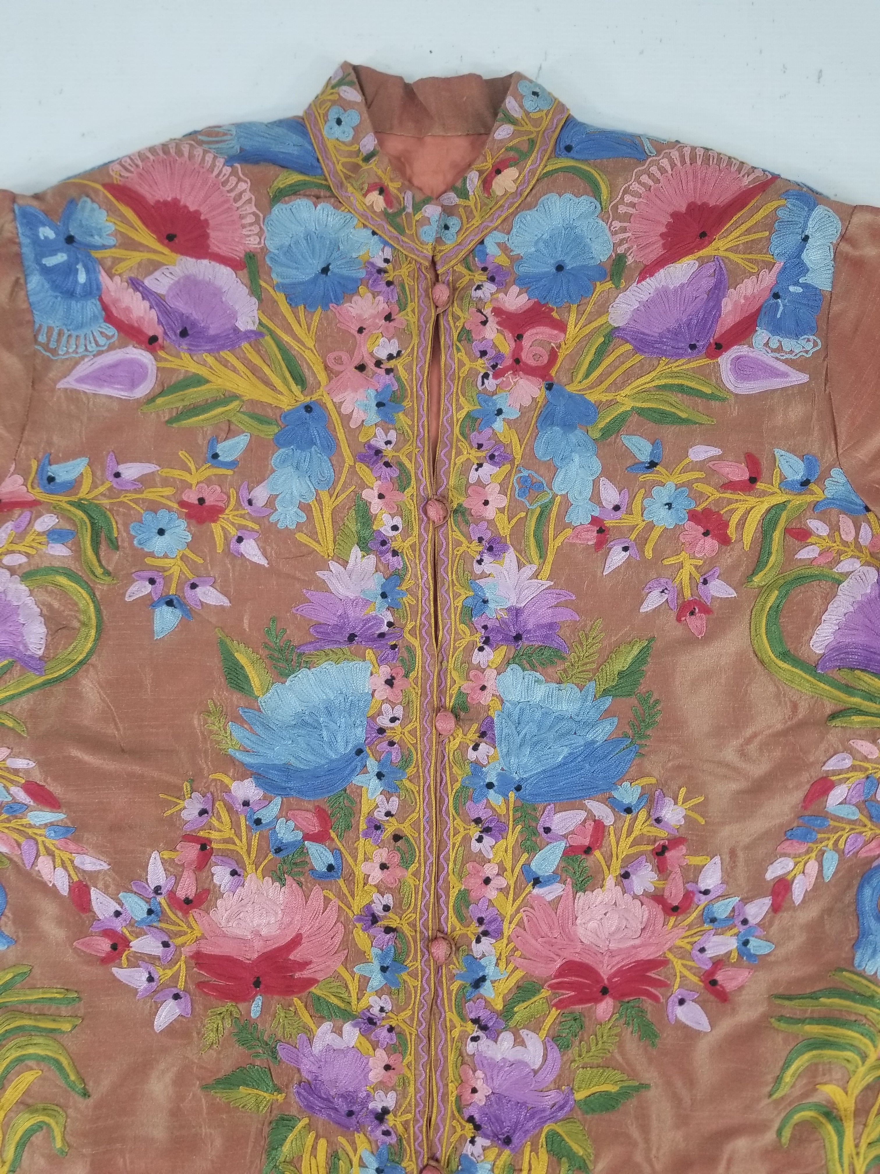 Vintage Traditional Kashmiri Crewel Embroidered Floral Silk Coat