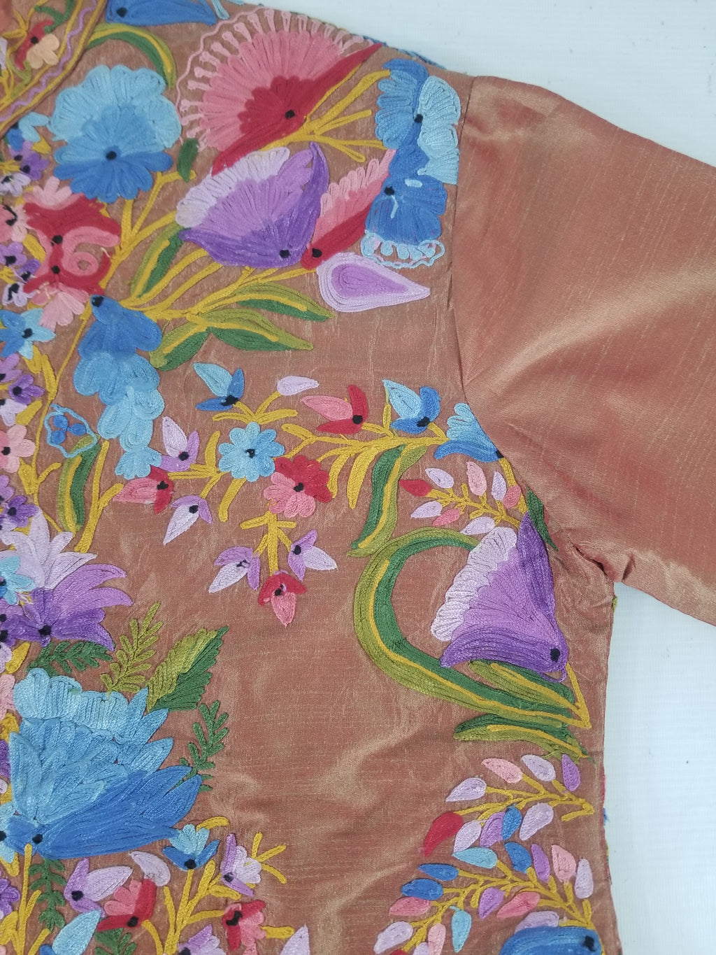 Vintage Traditional Kashmiri Crewel Embroidered Floral Silk Coat