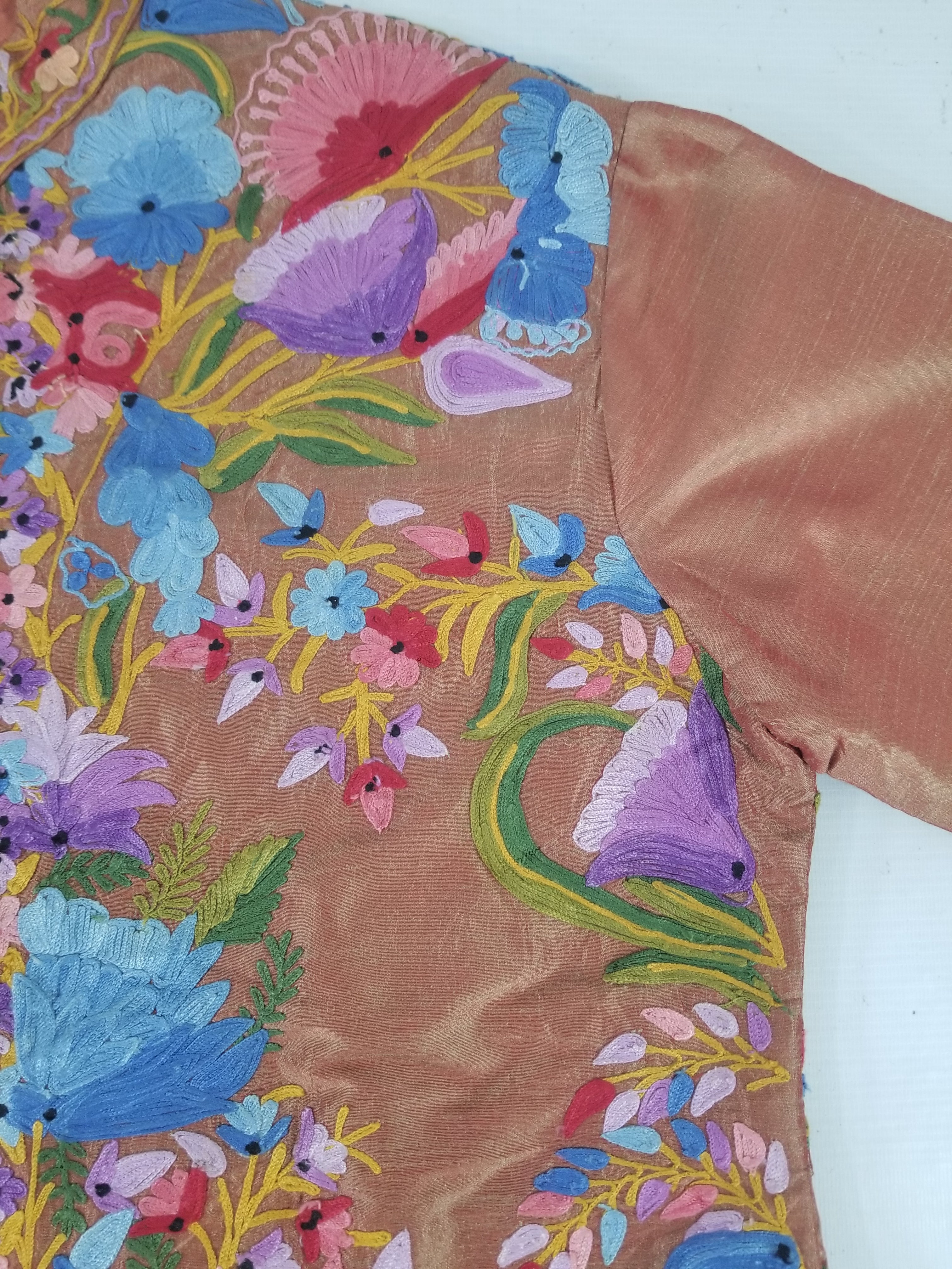 Vintage Traditional Kashmiri Crewel Embroidered Floral Silk Coat
