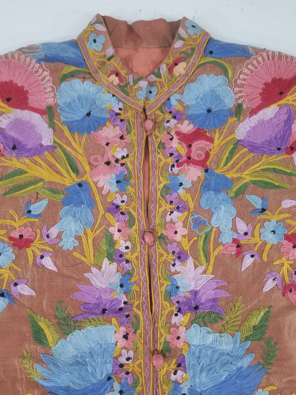 Vintage Traditional Kashmiri Crewel Embroidered Floral Silk Coat