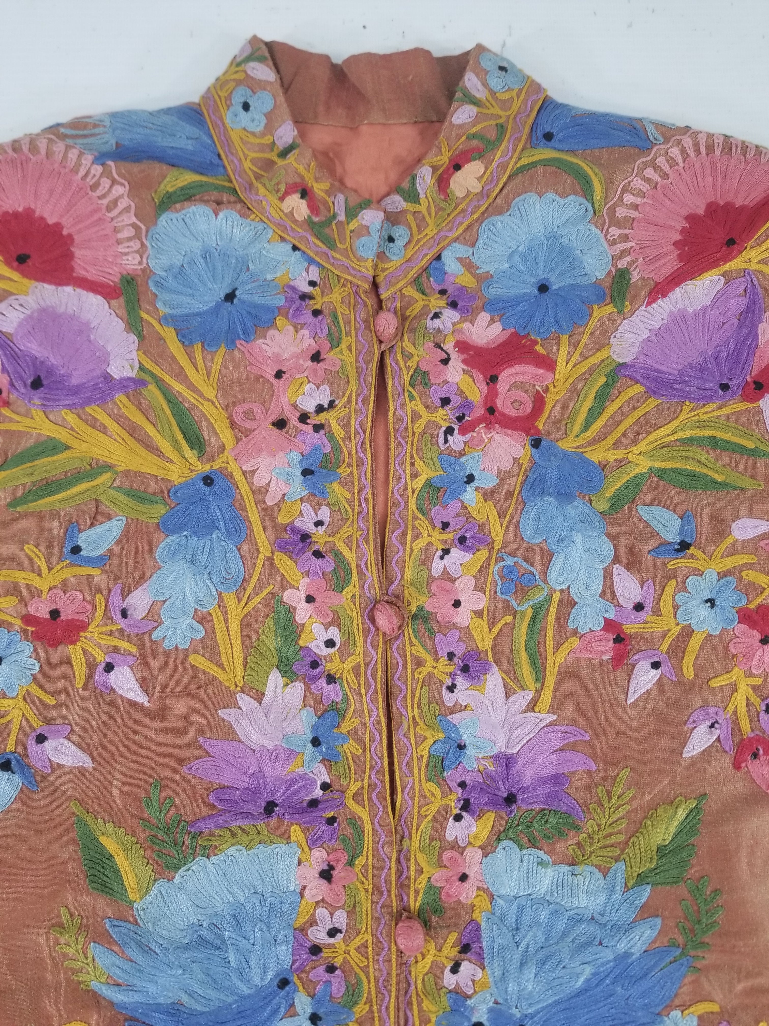 Vintage Traditional Kashmiri Crewel Embroidered Floral Silk Coat