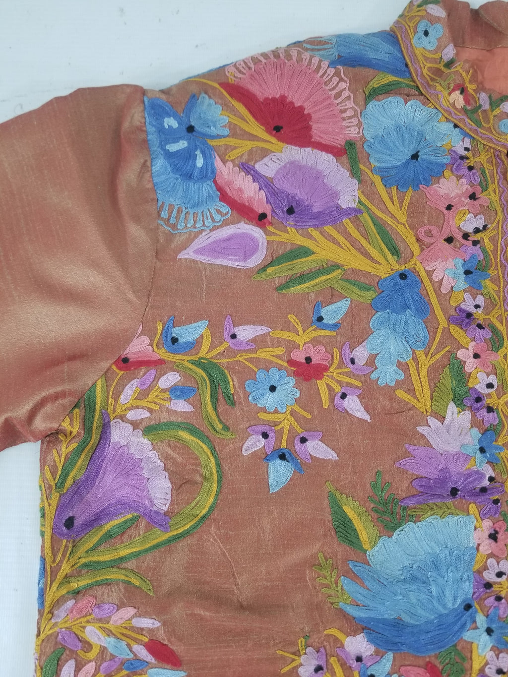 Vintage Traditional Kashmiri Crewel Embroidered Floral Silk Coat