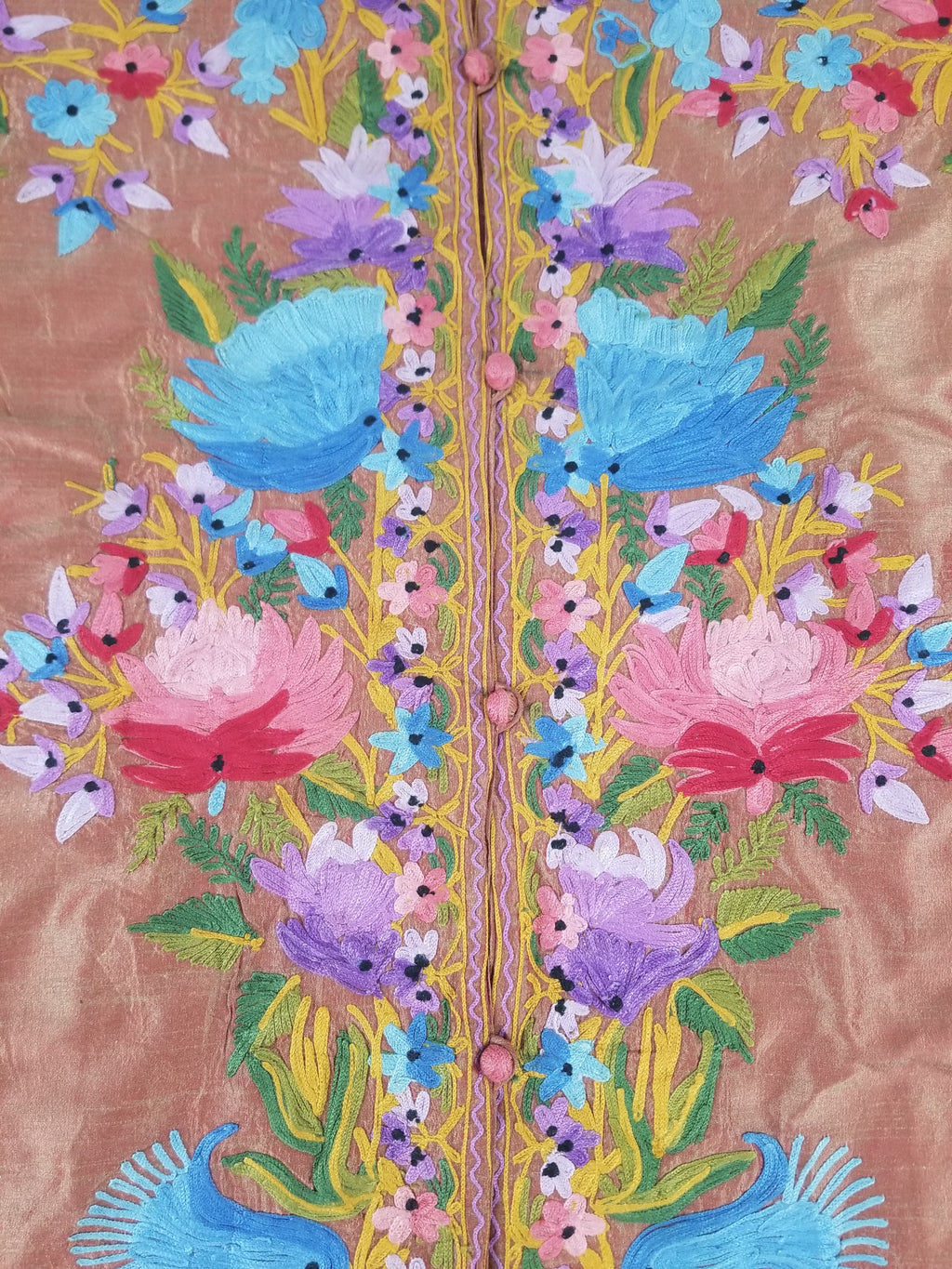 Vintage Traditional Kashmiri Crewel Embroidered Floral Silk Coat