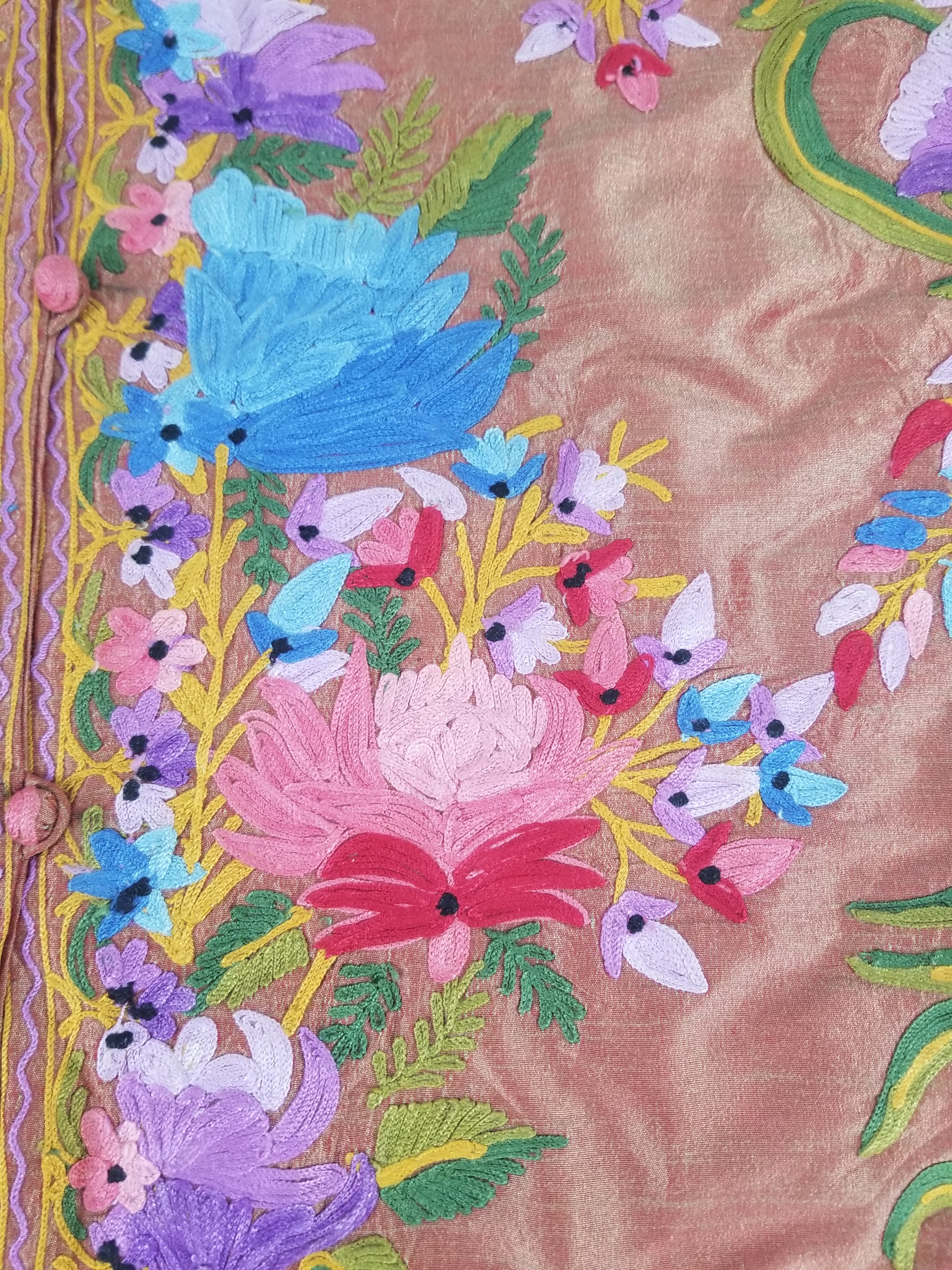 Vintage Traditional Kashmiri Crewel Embroidered Floral Silk Coat