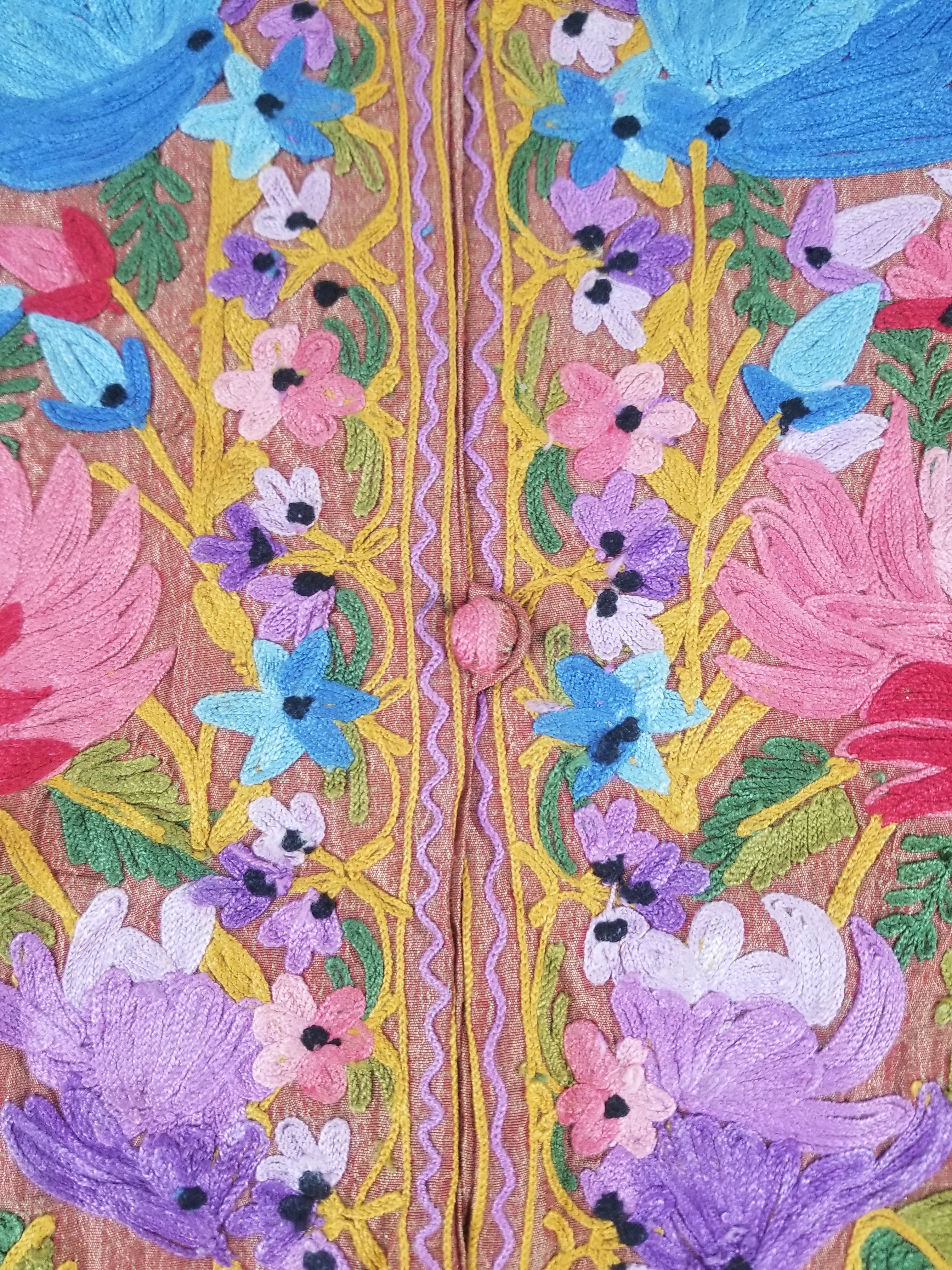 Vintage Traditional Kashmiri Crewel Embroidered Floral Silk Coat