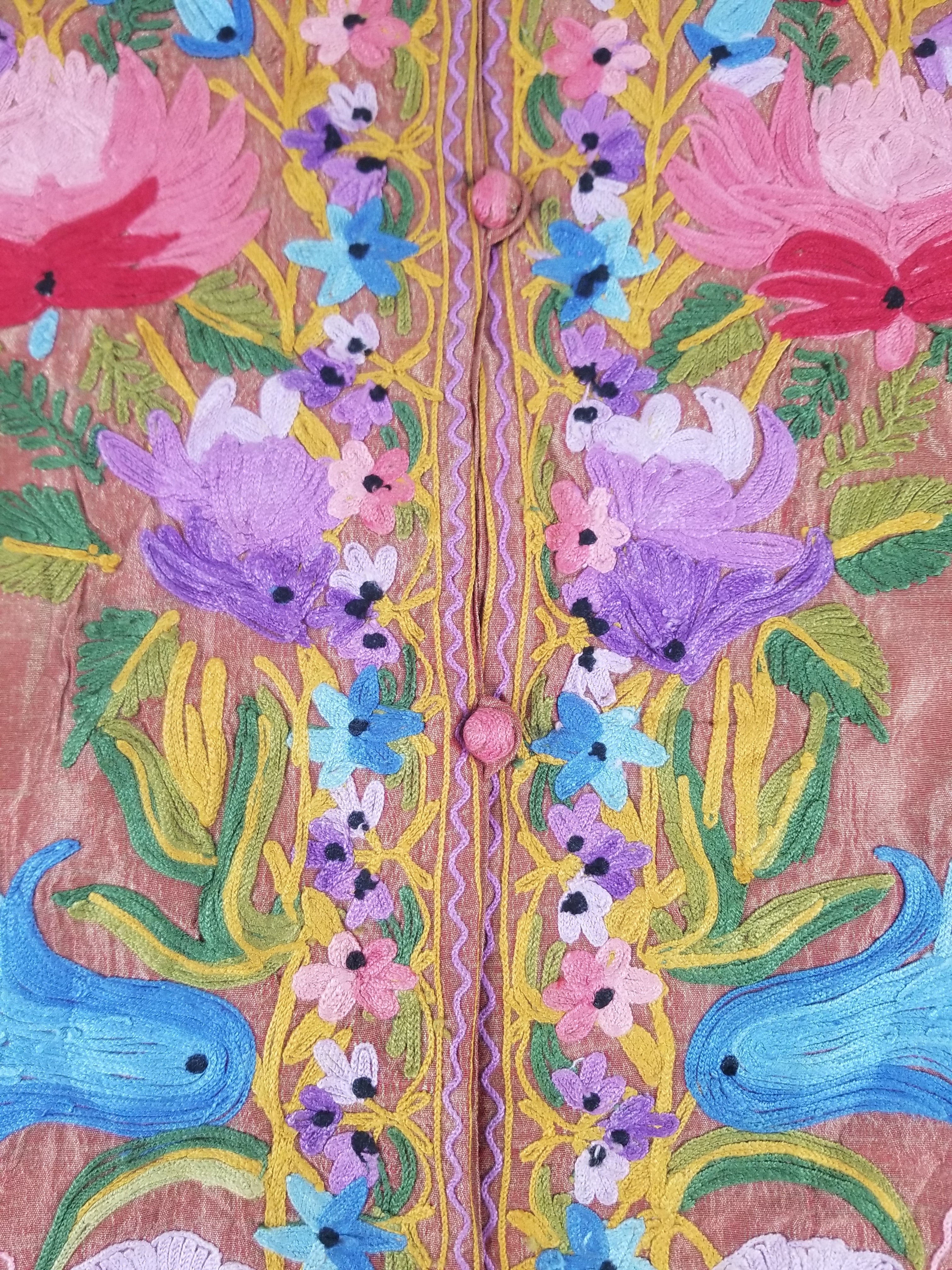 Vintage Traditional Kashmiri Crewel Embroidered Floral Silk Coat