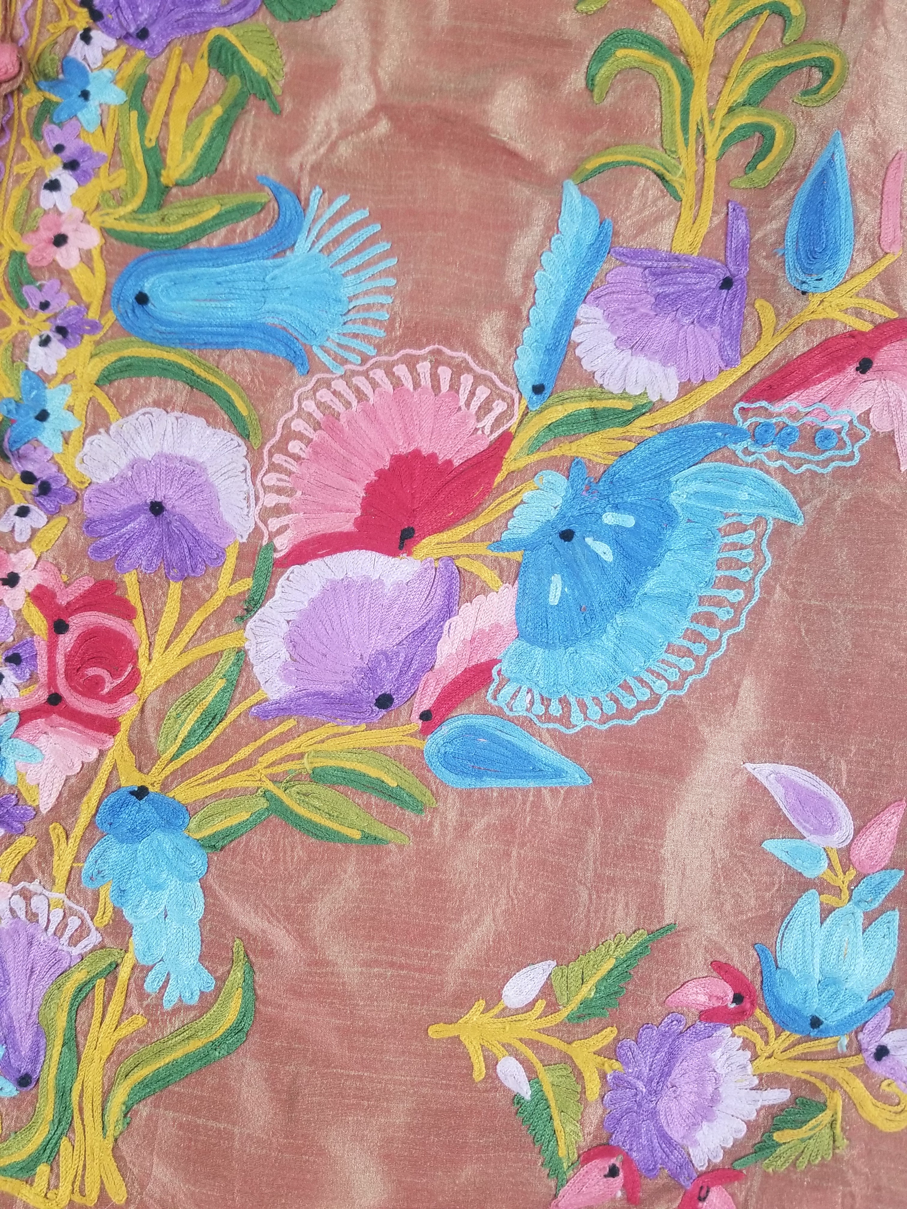 Vintage Traditional Kashmiri Crewel Embroidered Floral Silk Coat