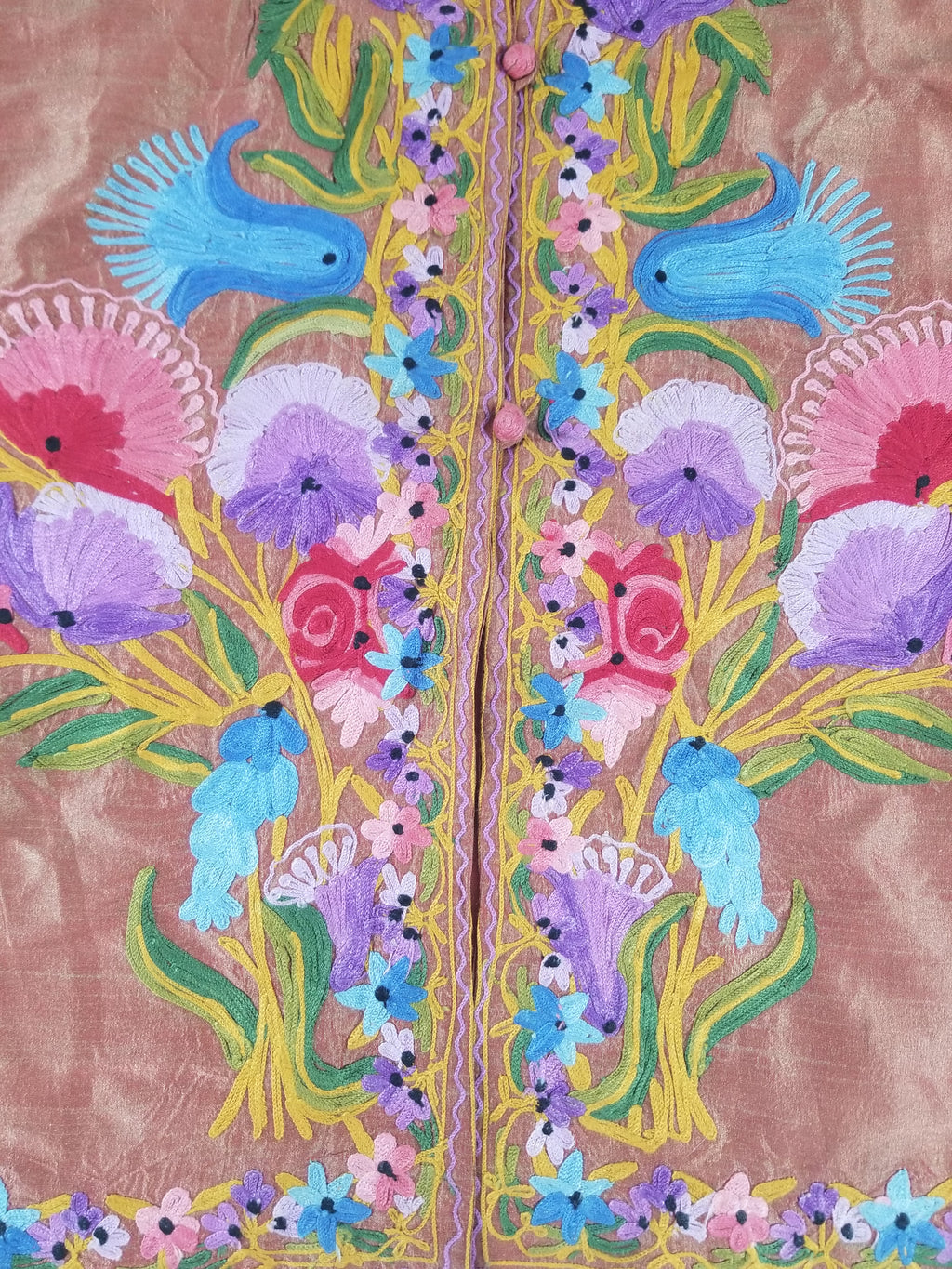 Vintage Traditional Kashmiri Crewel Embroidered Floral Silk Coat
