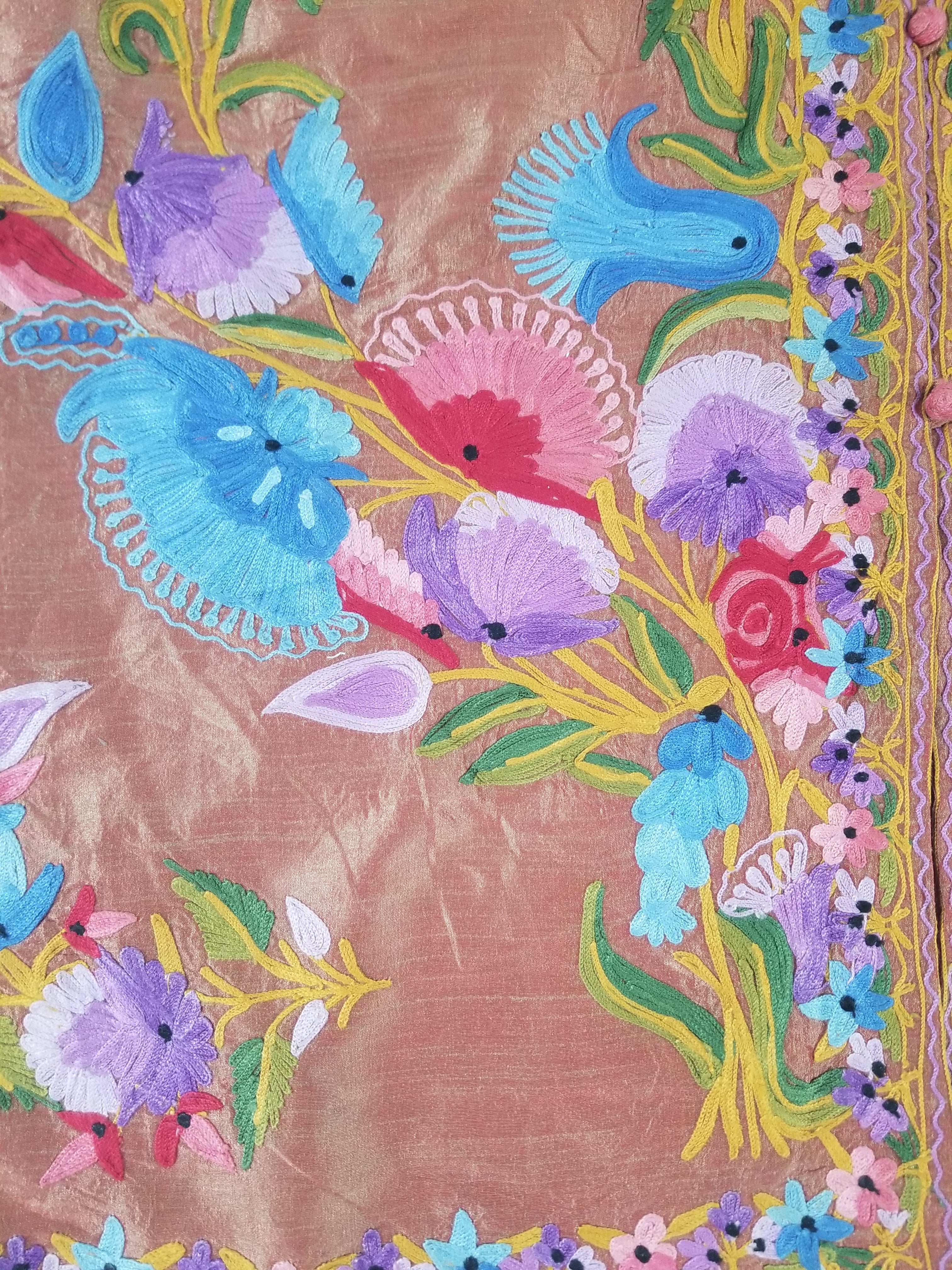Vintage Traditional Kashmiri Crewel Embroidered Floral Silk Coat