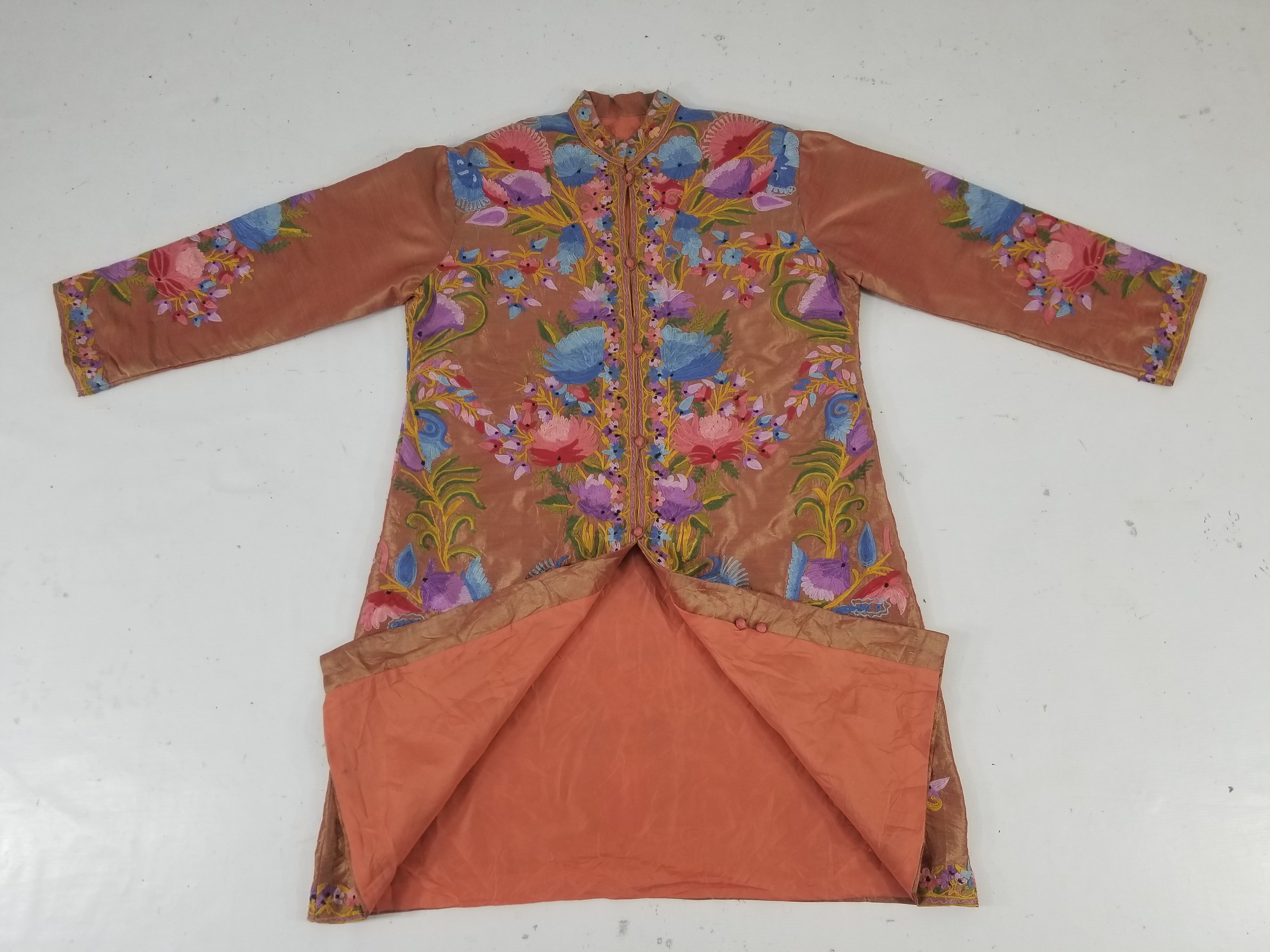 Vintage Traditional Kashmiri Crewel Embroidered Floral Silk Coat