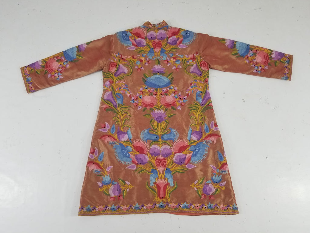 Vintage Traditional Kashmiri Crewel Embroidered Floral Silk Coat
