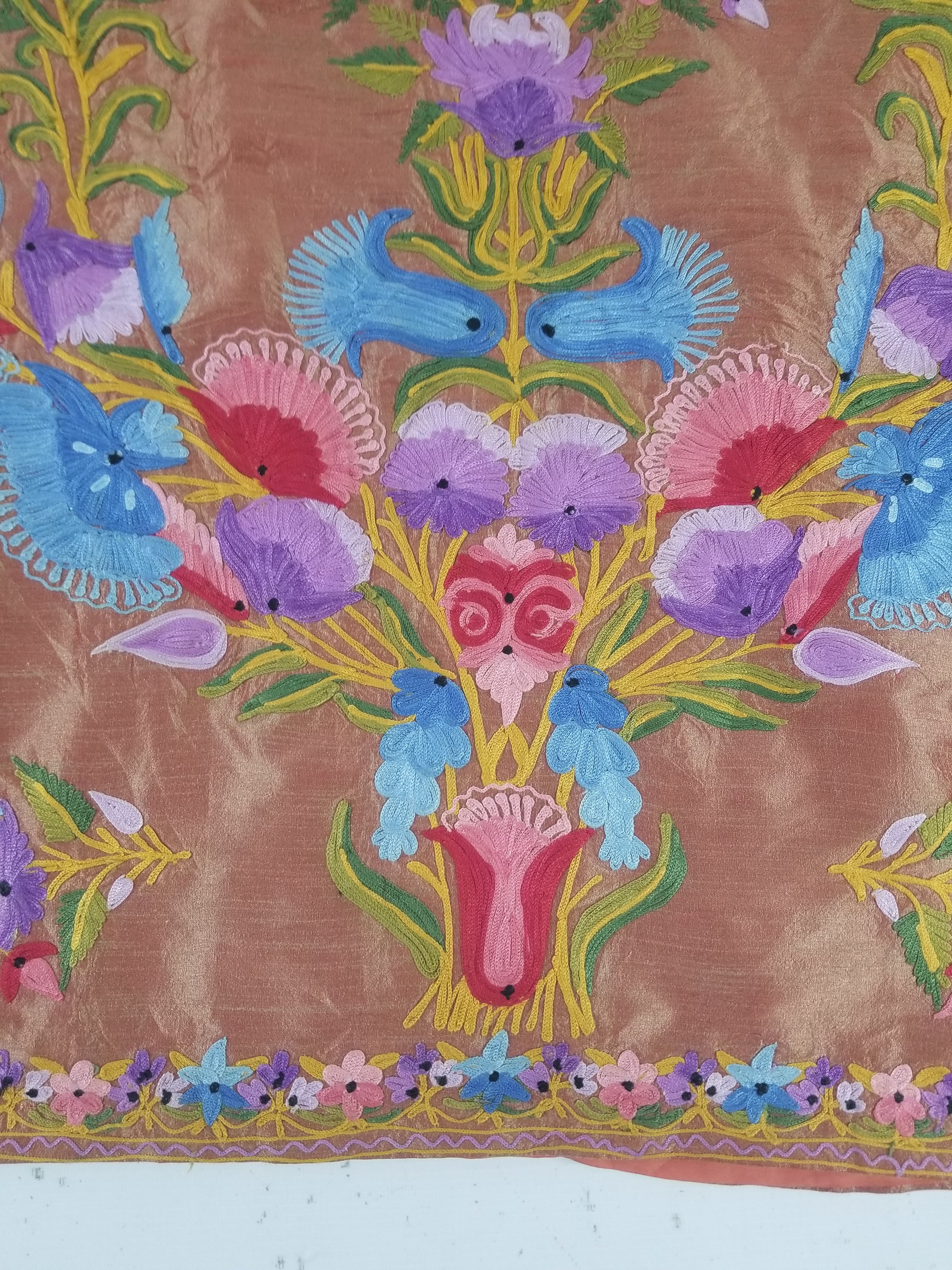 Vintage Traditional Kashmiri Crewel Embroidered Floral Silk Coat
