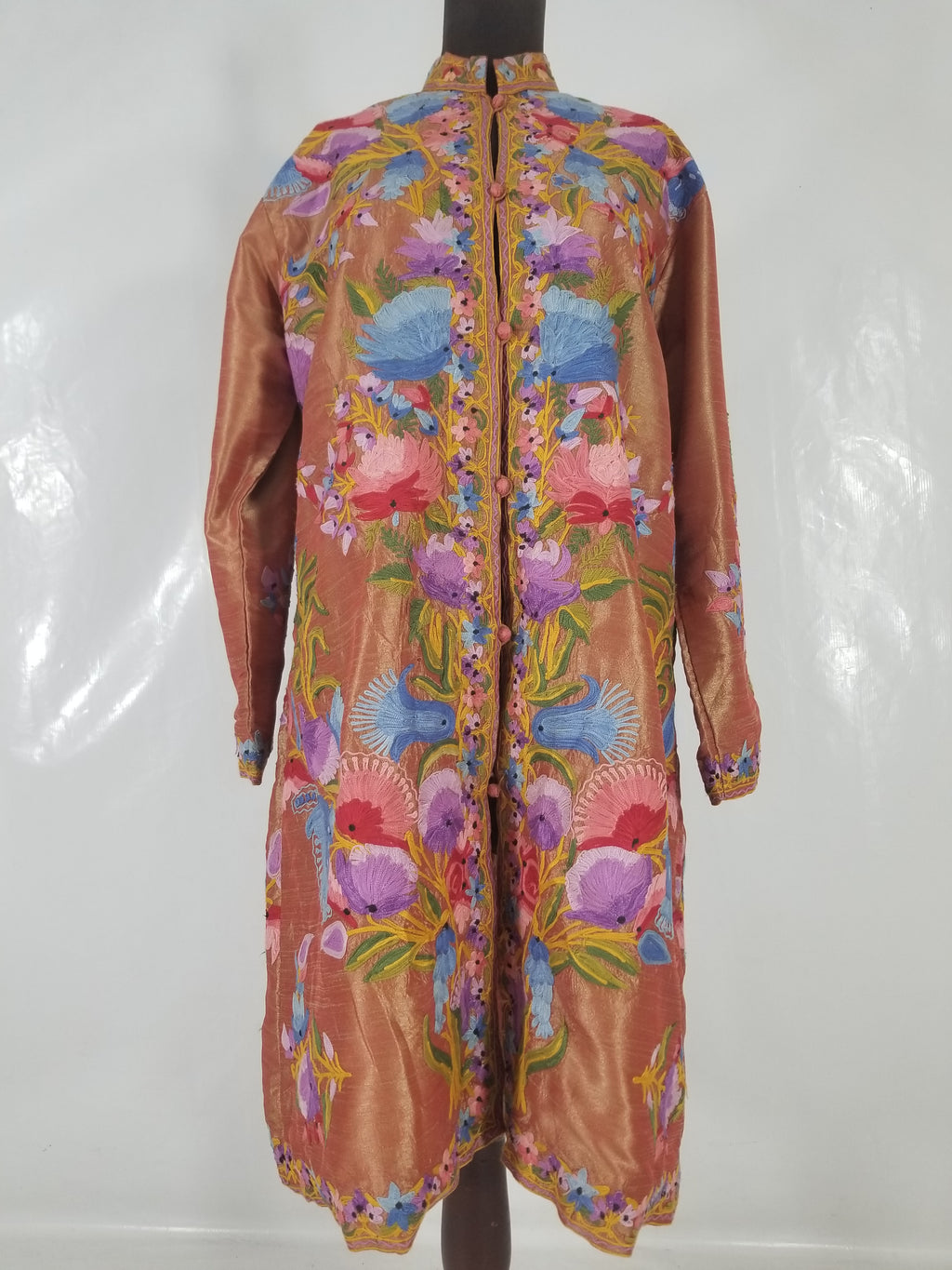 Vintage Traditional Kashmiri Crewel Embroidered Floral Silk Coat