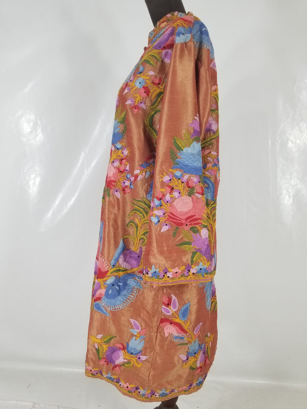 Vintage Traditional Kashmiri Crewel Embroidered Floral Silk Coat