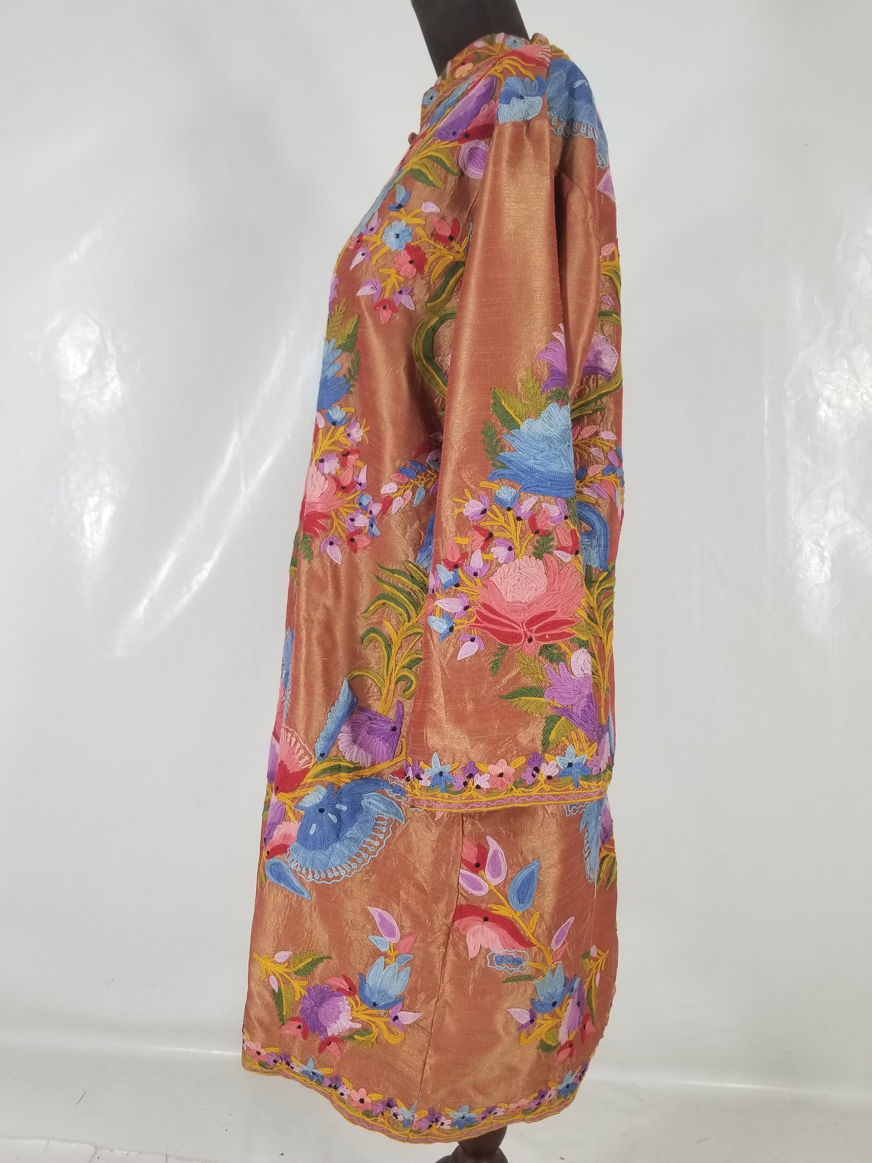 Vintage Traditional Kashmiri Crewel Embroidered Floral Silk Coat