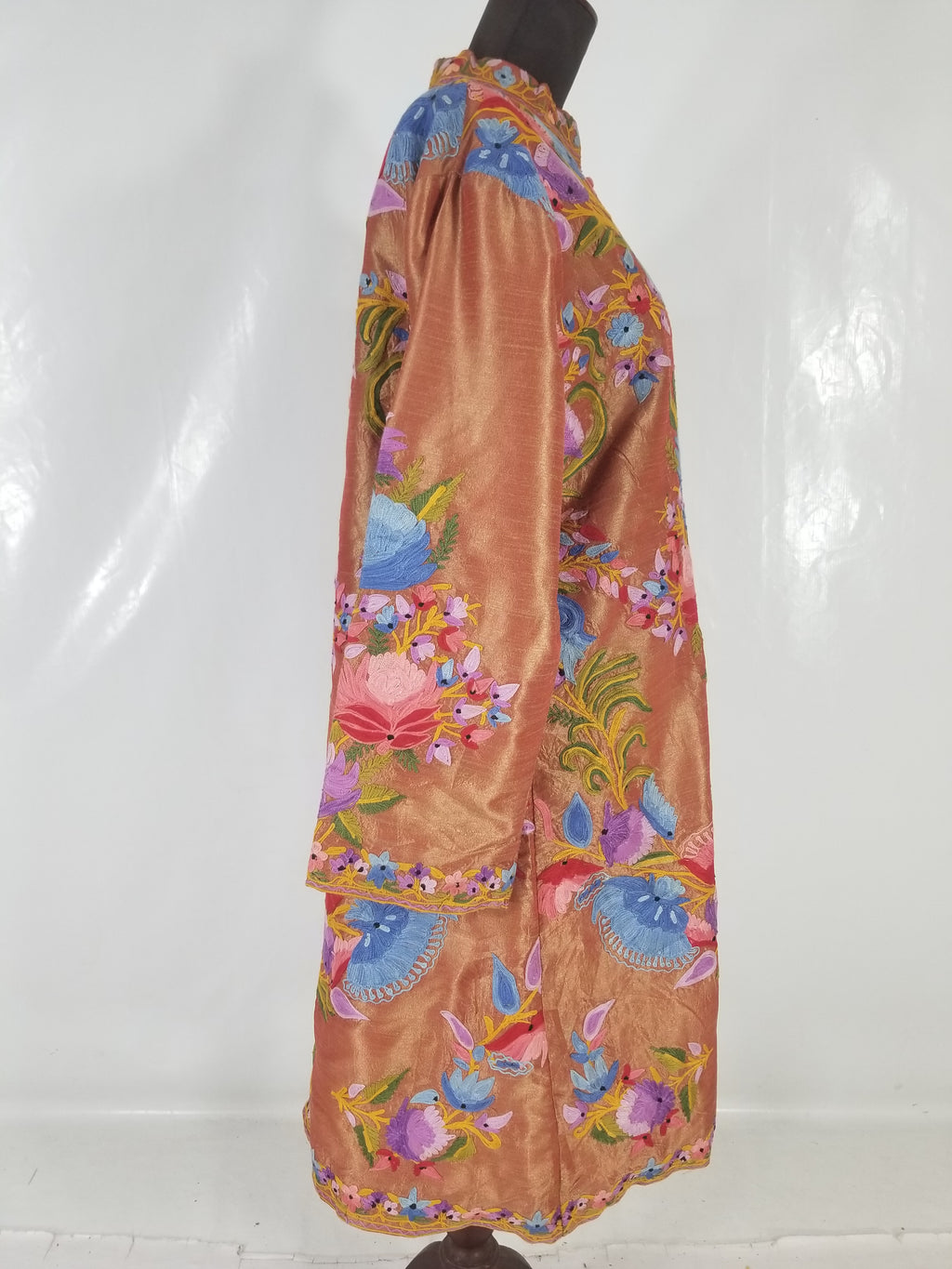 Vintage Traditional Kashmiri Crewel Embroidered Floral Silk Coat