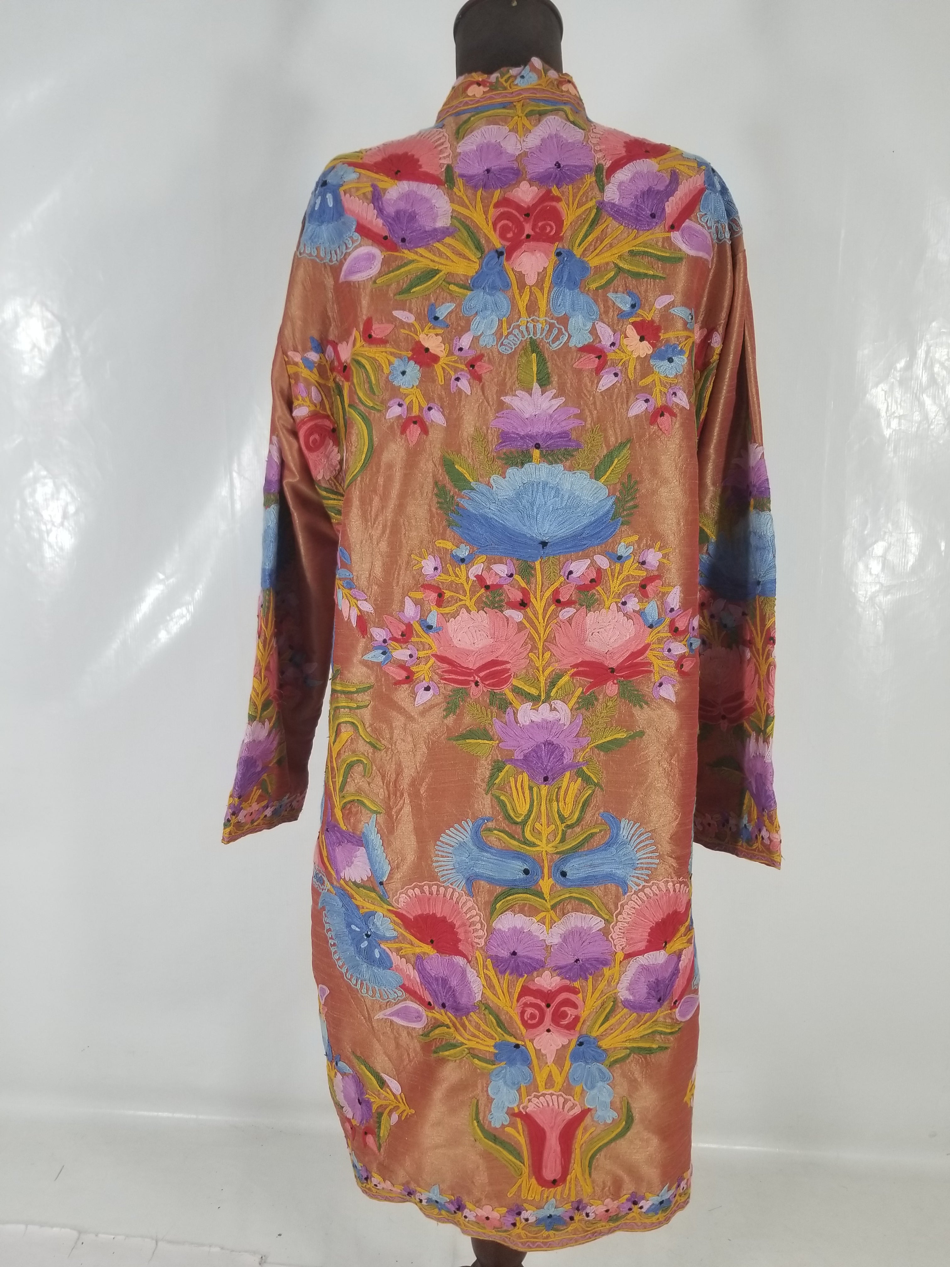 Vintage Traditional Kashmiri Crewel Embroidered Floral Silk Coat