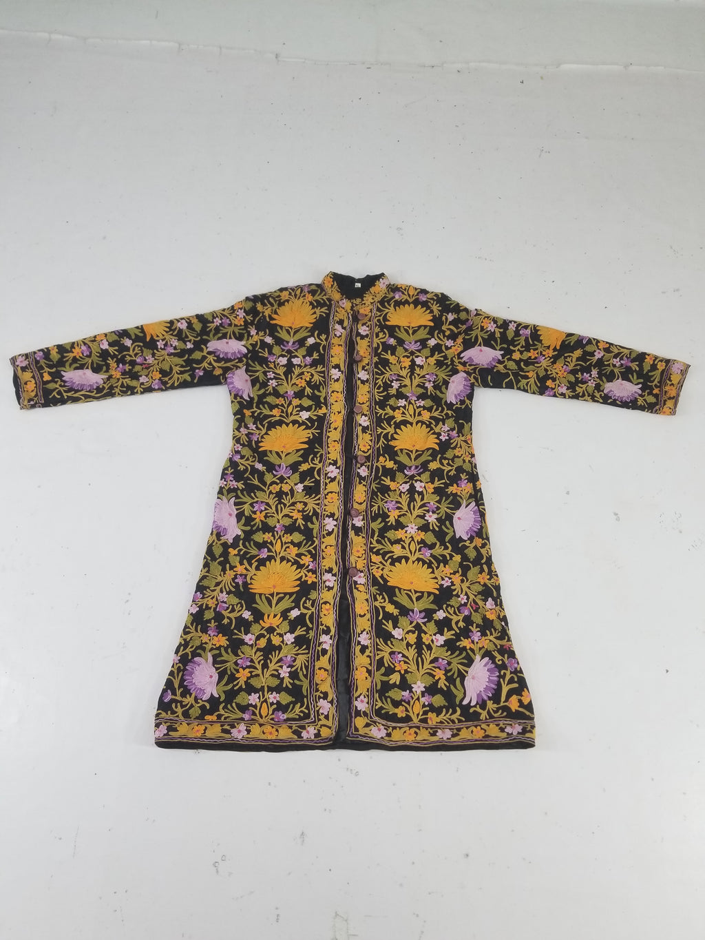 Vintage Traditional Kashmiri Crewel Embroidered Floral Wool Coat