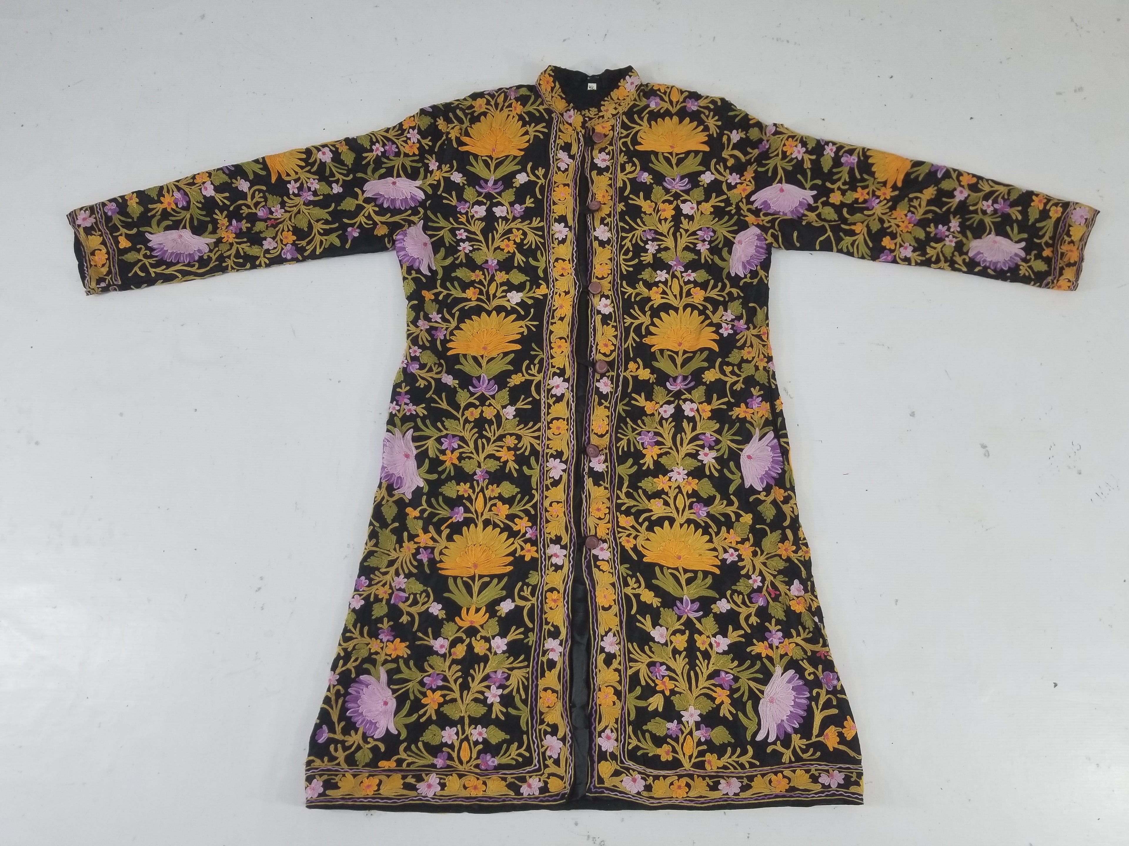 Vintage Traditional Kashmiri Crewel Embroidered Floral Wool Coat