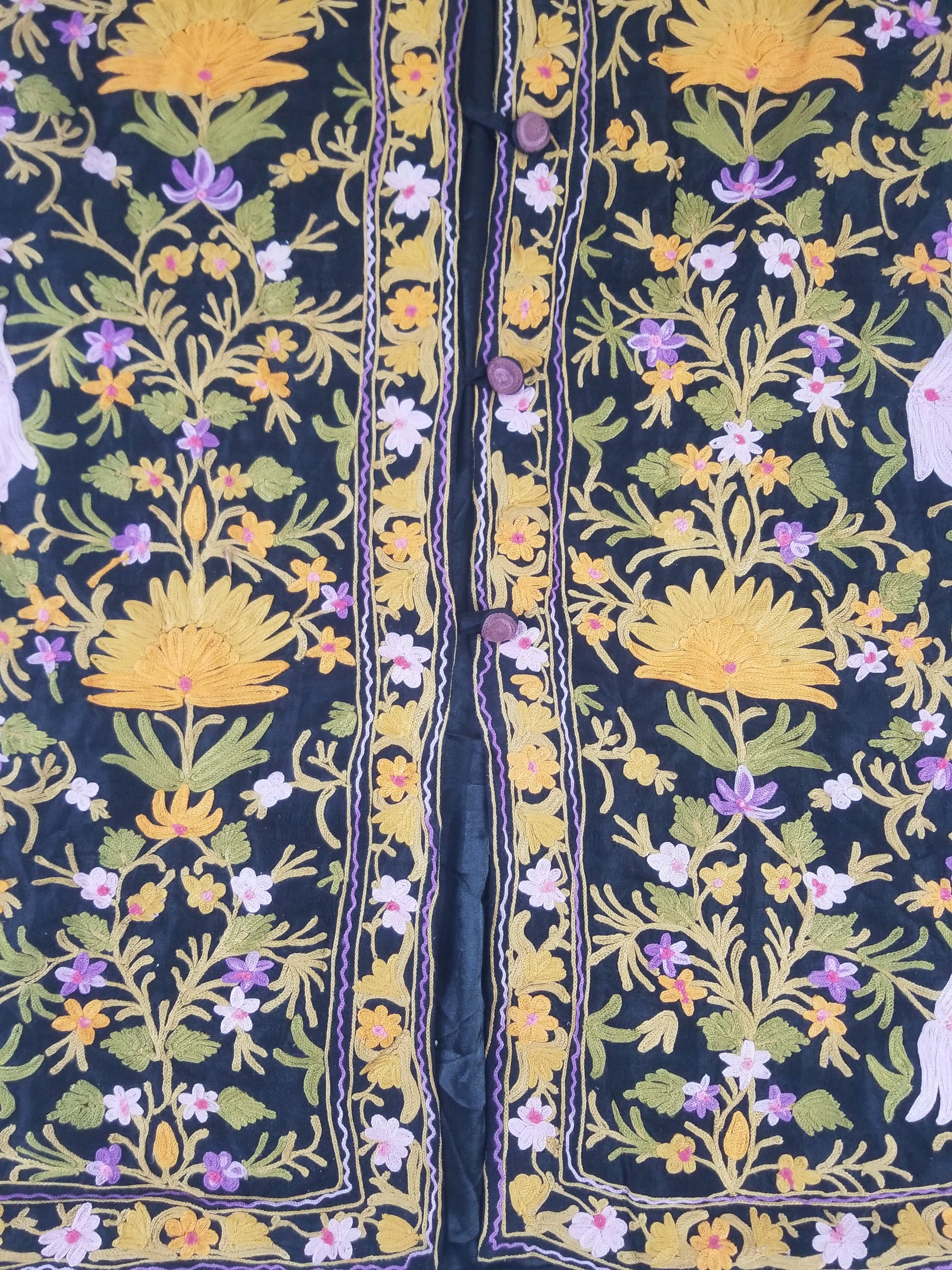 Vintage Traditional Kashmiri Crewel Embroidered Floral Wool Coat