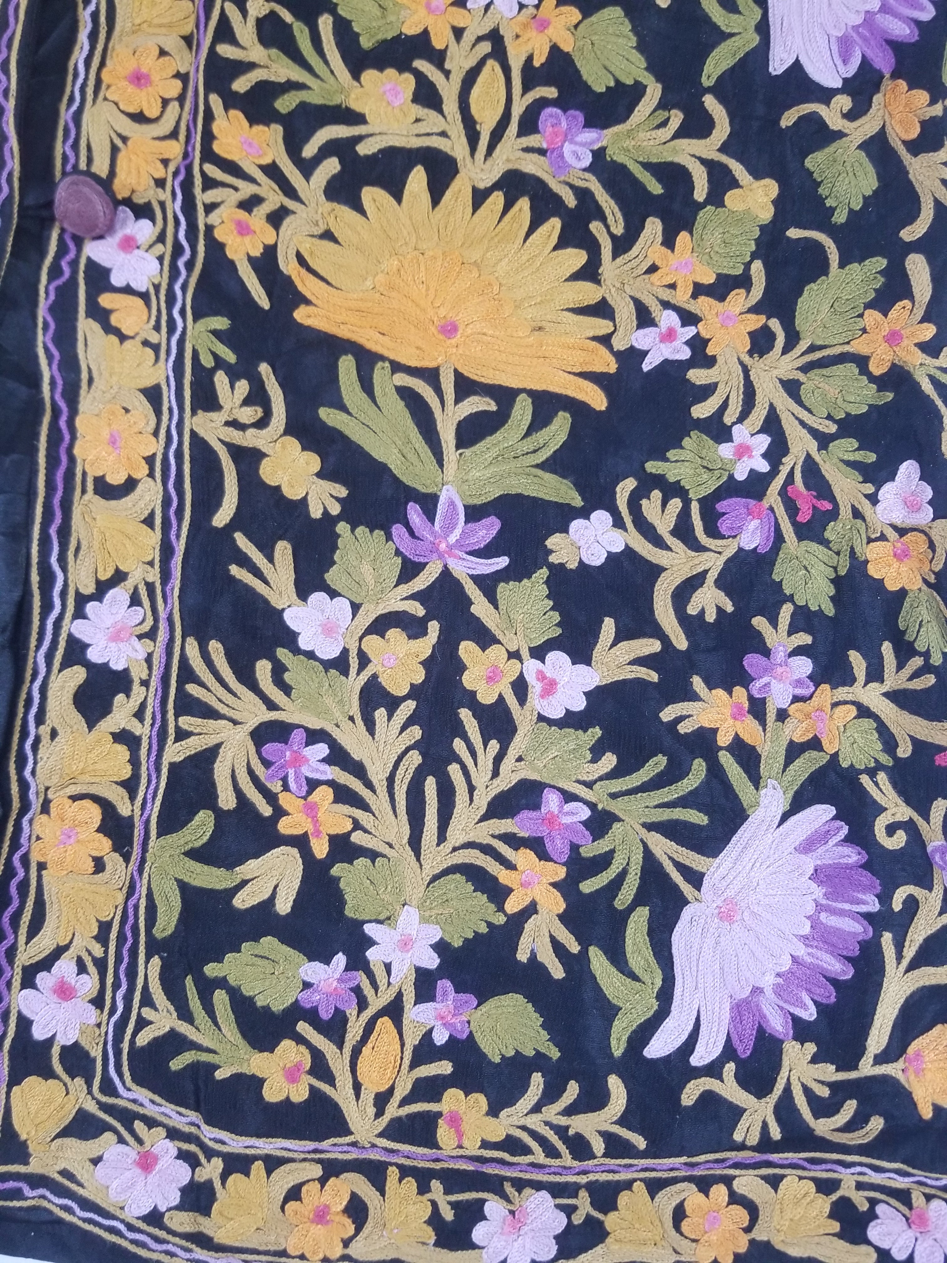 Vintage Traditional Kashmiri Crewel Embroidered Floral Wool Coat