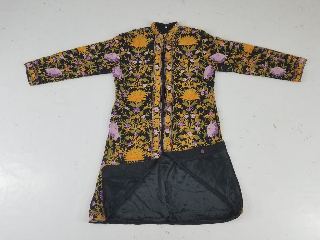 Vintage Traditional Kashmiri Crewel Embroidered Floral Wool Coat