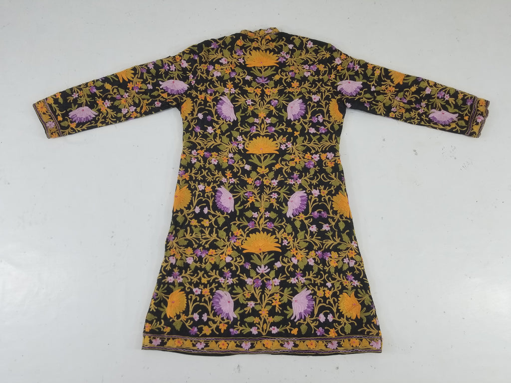 Vintage Traditional Kashmiri Crewel Embroidered Floral Wool Coat