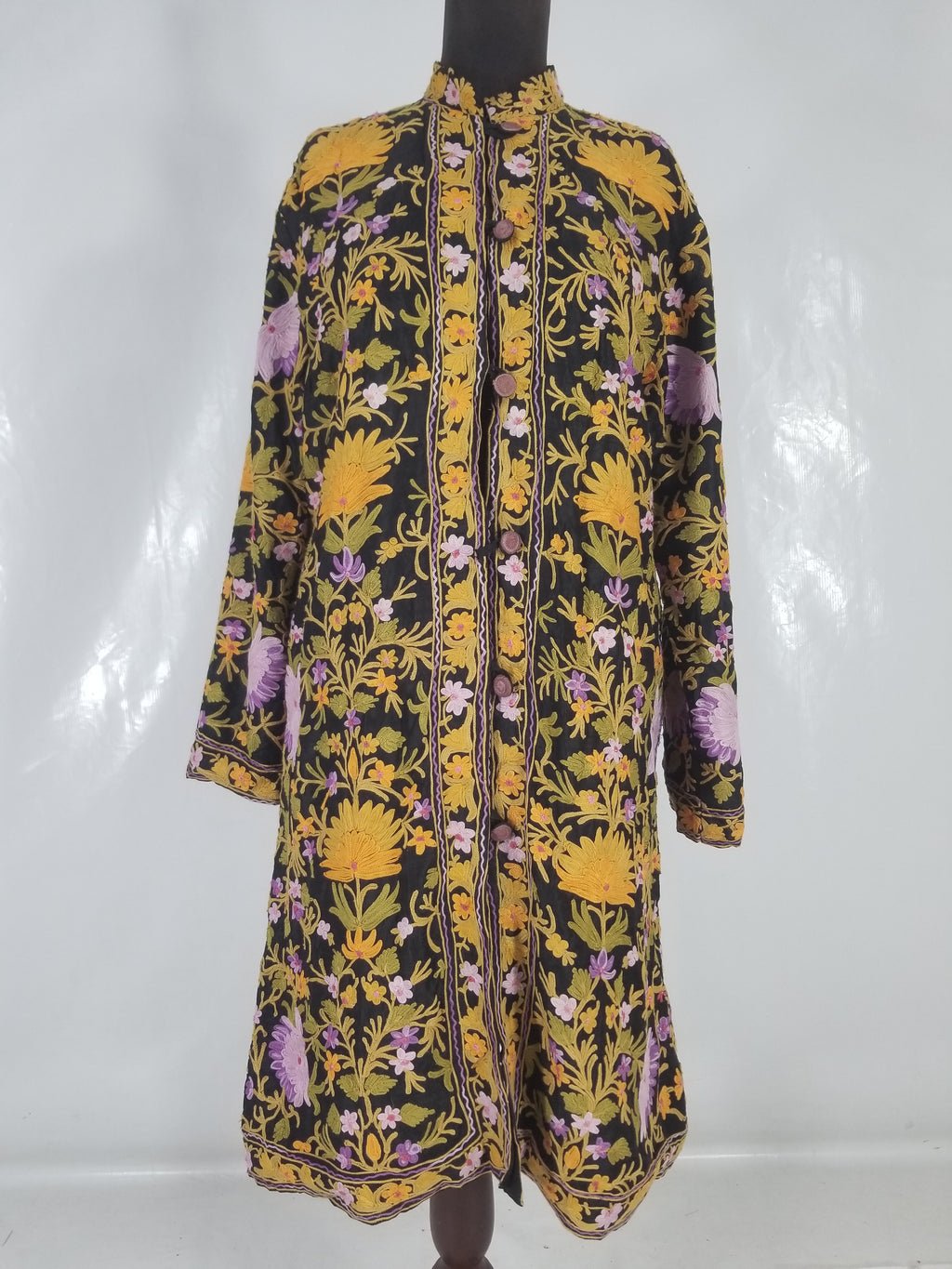 Vintage Traditional Kashmiri Crewel Embroidered Floral Wool Coat