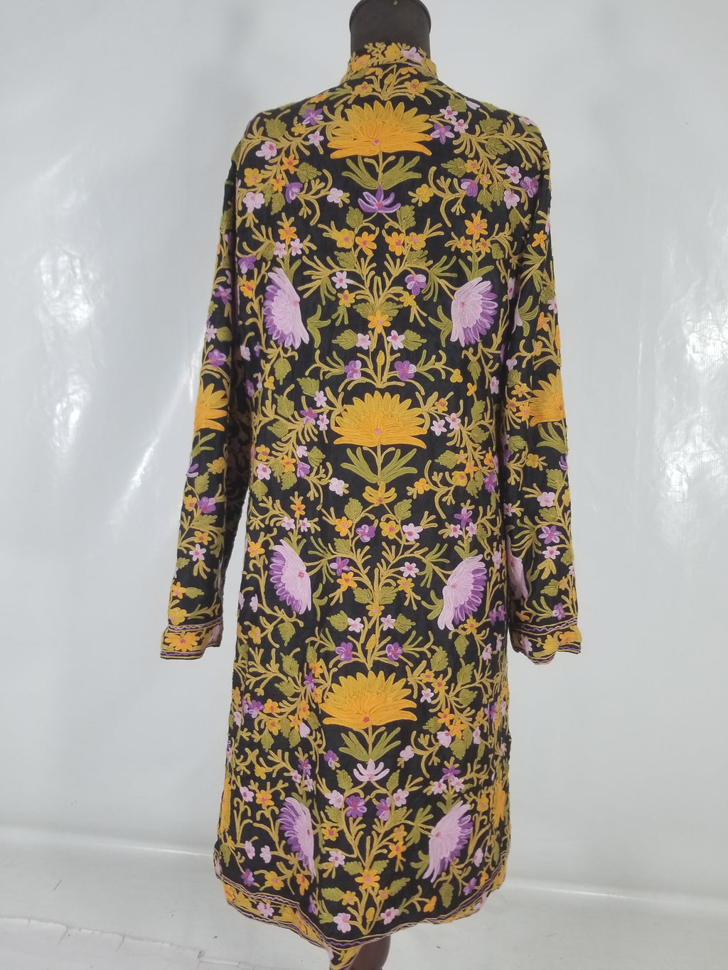 Vintage Traditional Kashmiri Crewel Embroidered Floral Wool Coat