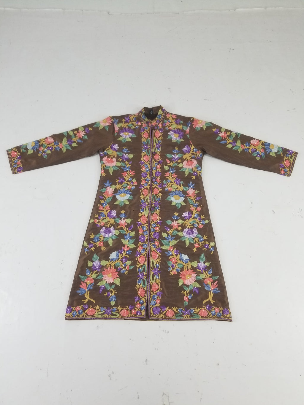 Vintage Traditional Kashmiri Crewel Embroidered Floral Silk Coat