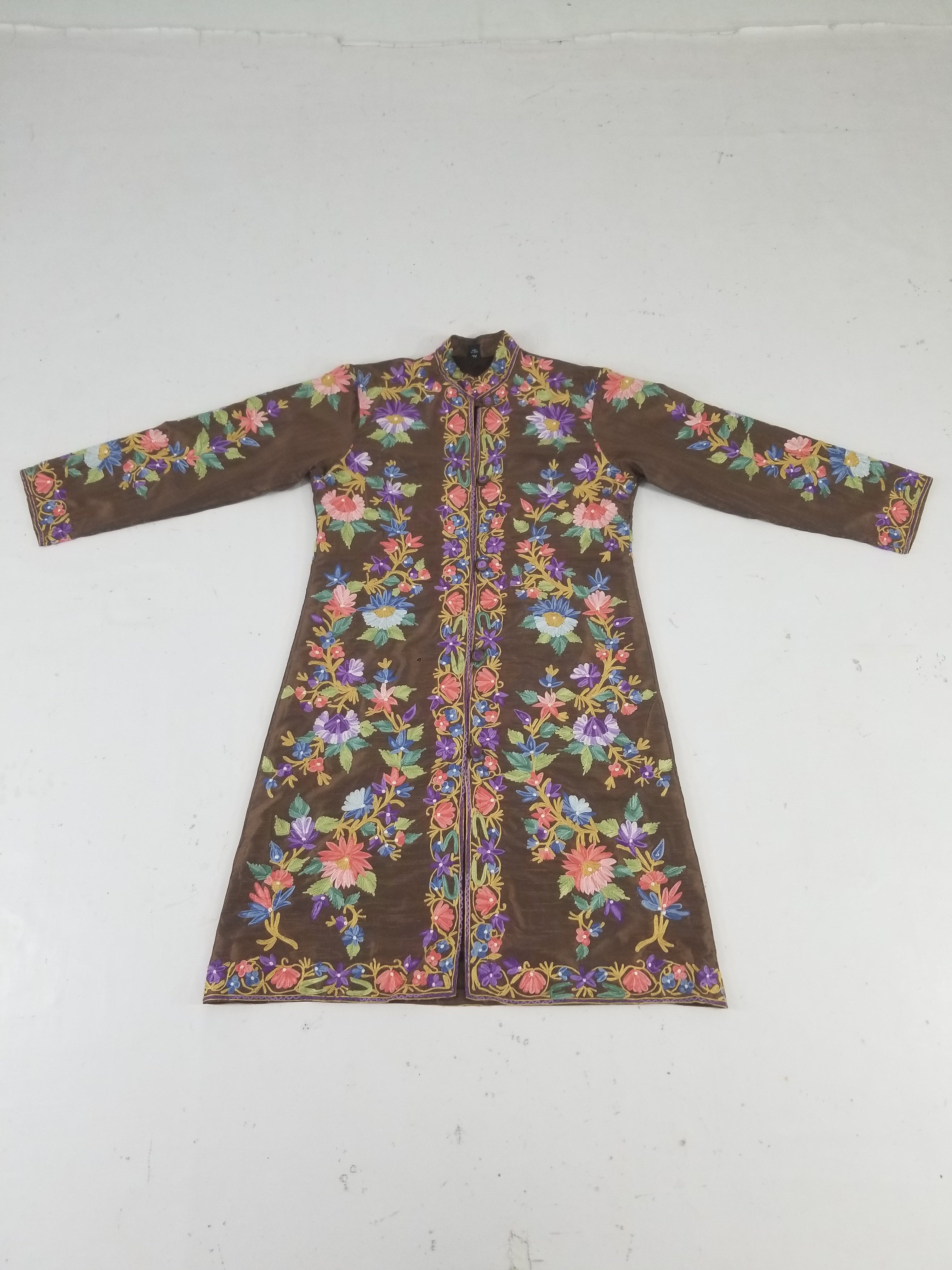 Vintage Traditional Kashmiri Crewel Embroidered Floral Silk Coat