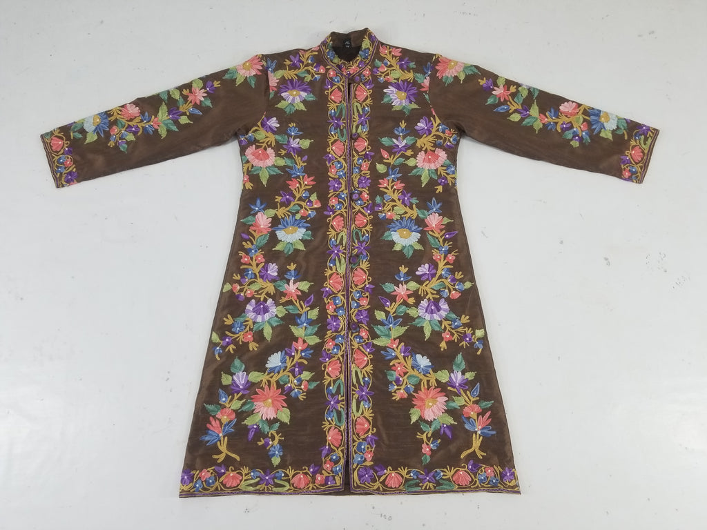 Vintage Traditional Kashmiri Crewel Embroidered Floral Silk Coat