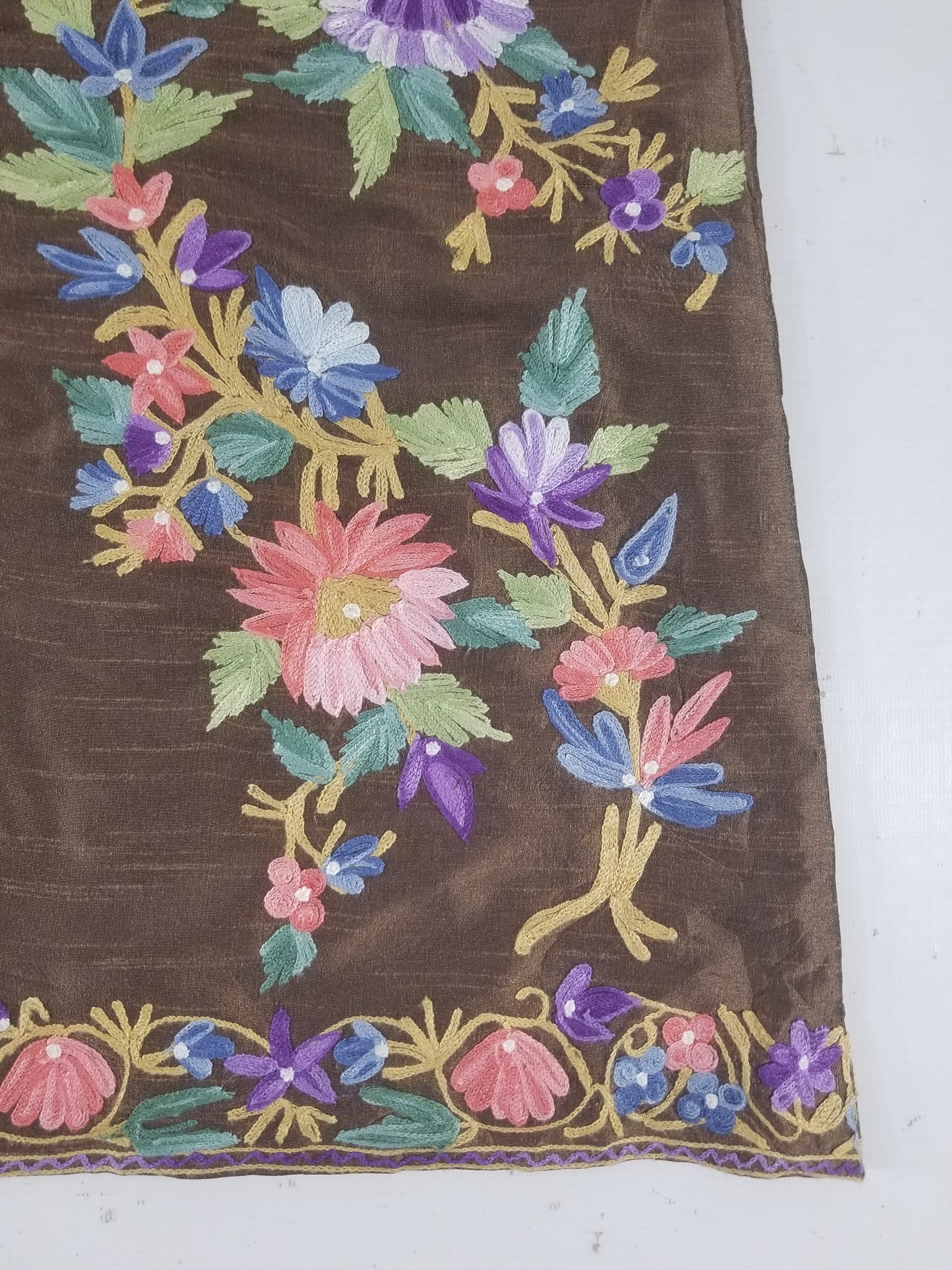 Vintage Traditional Kashmiri Crewel Embroidered Floral Silk Coat