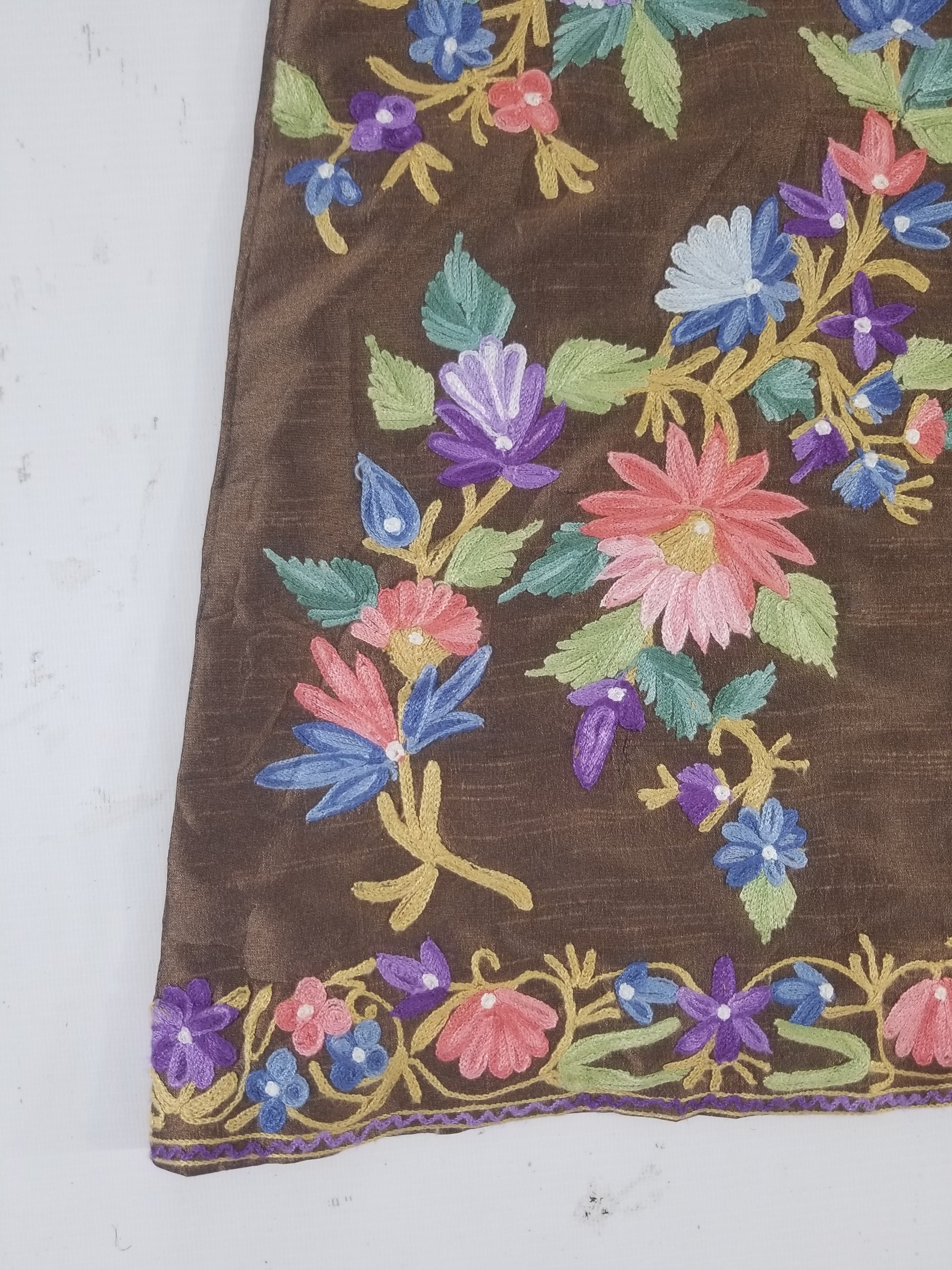 Vintage Traditional Kashmiri Crewel Embroidered Floral Silk Coat