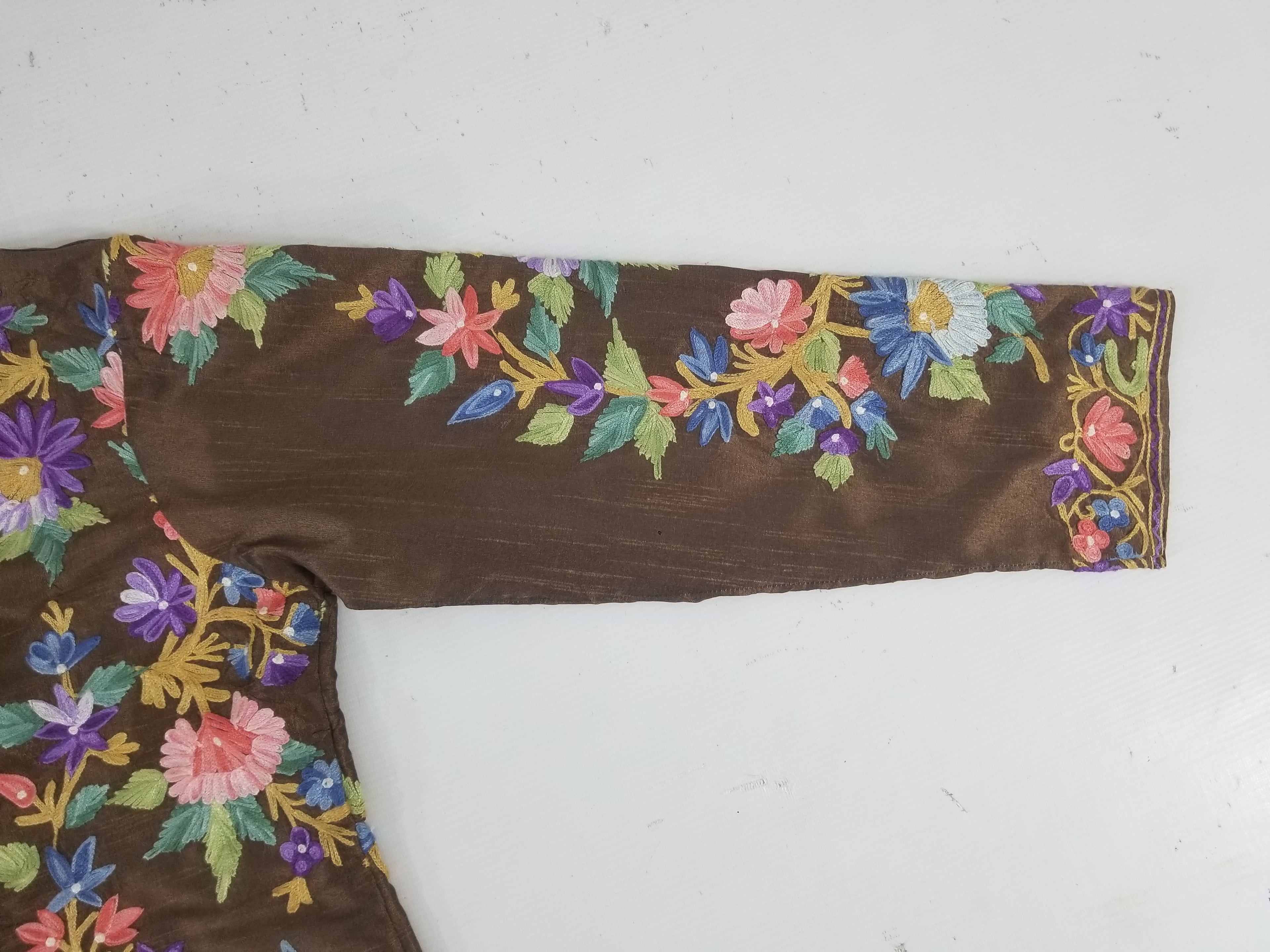Vintage Traditional Kashmiri Crewel Embroidered Floral Silk Coat