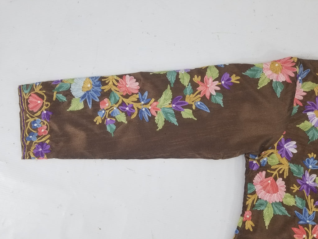 Vintage Traditional Kashmiri Crewel Embroidered Floral Silk Coat
