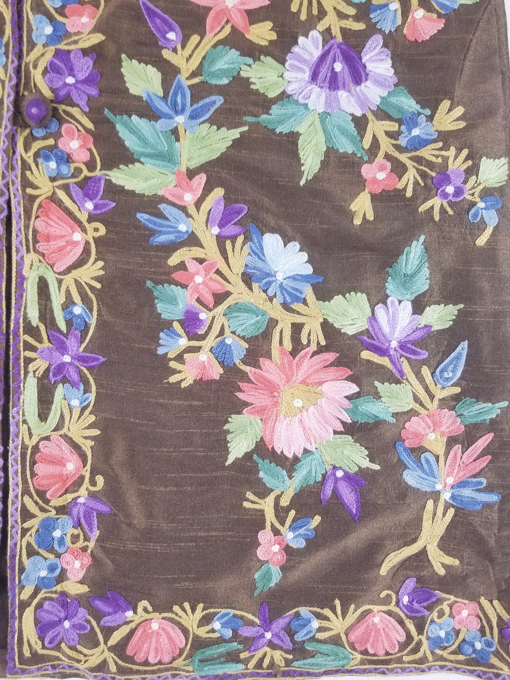 Vintage Traditional Kashmiri Crewel Embroidered Floral Silk Coat