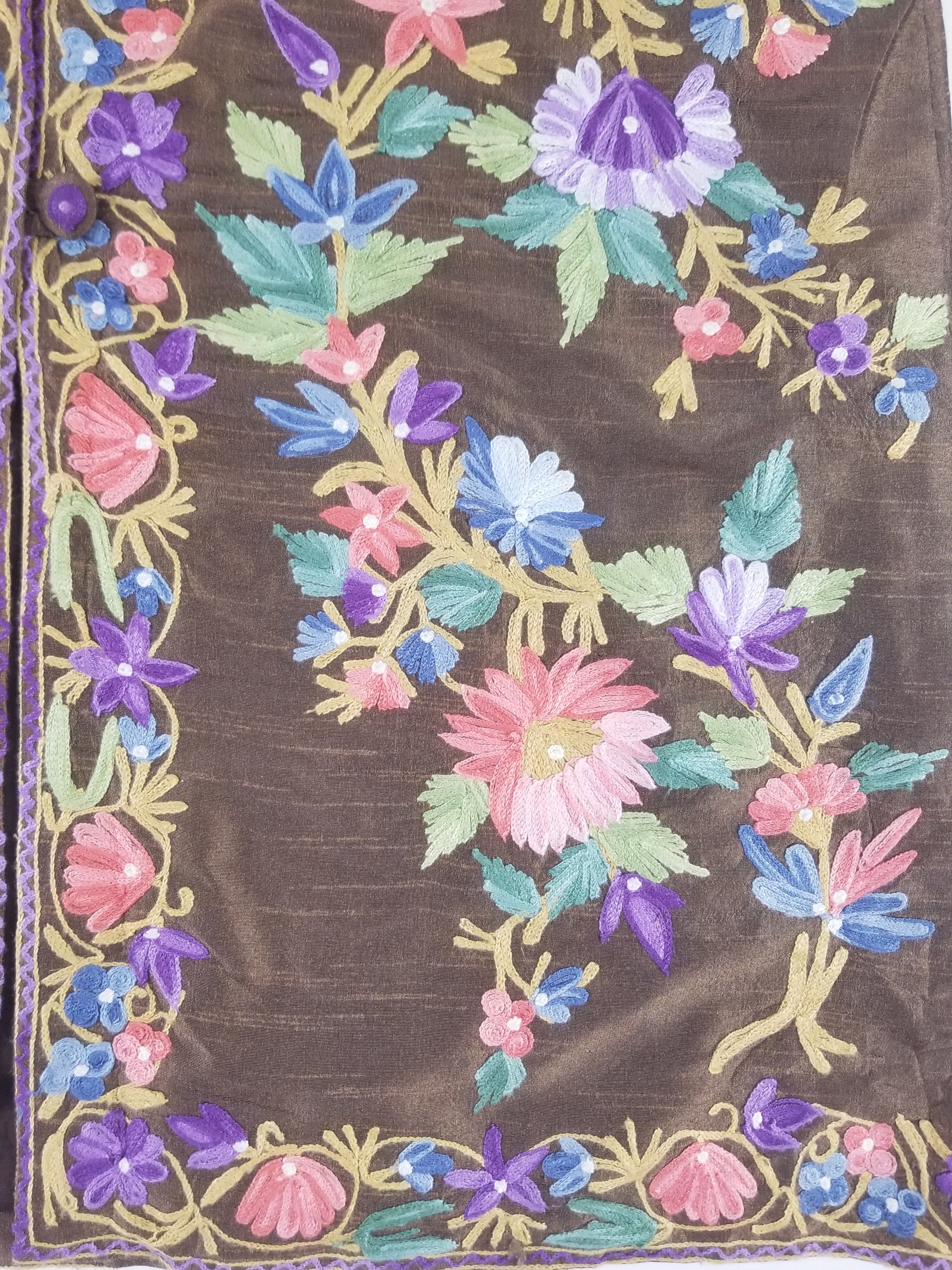 Vintage Traditional Kashmiri Crewel Embroidered Floral Silk Coat