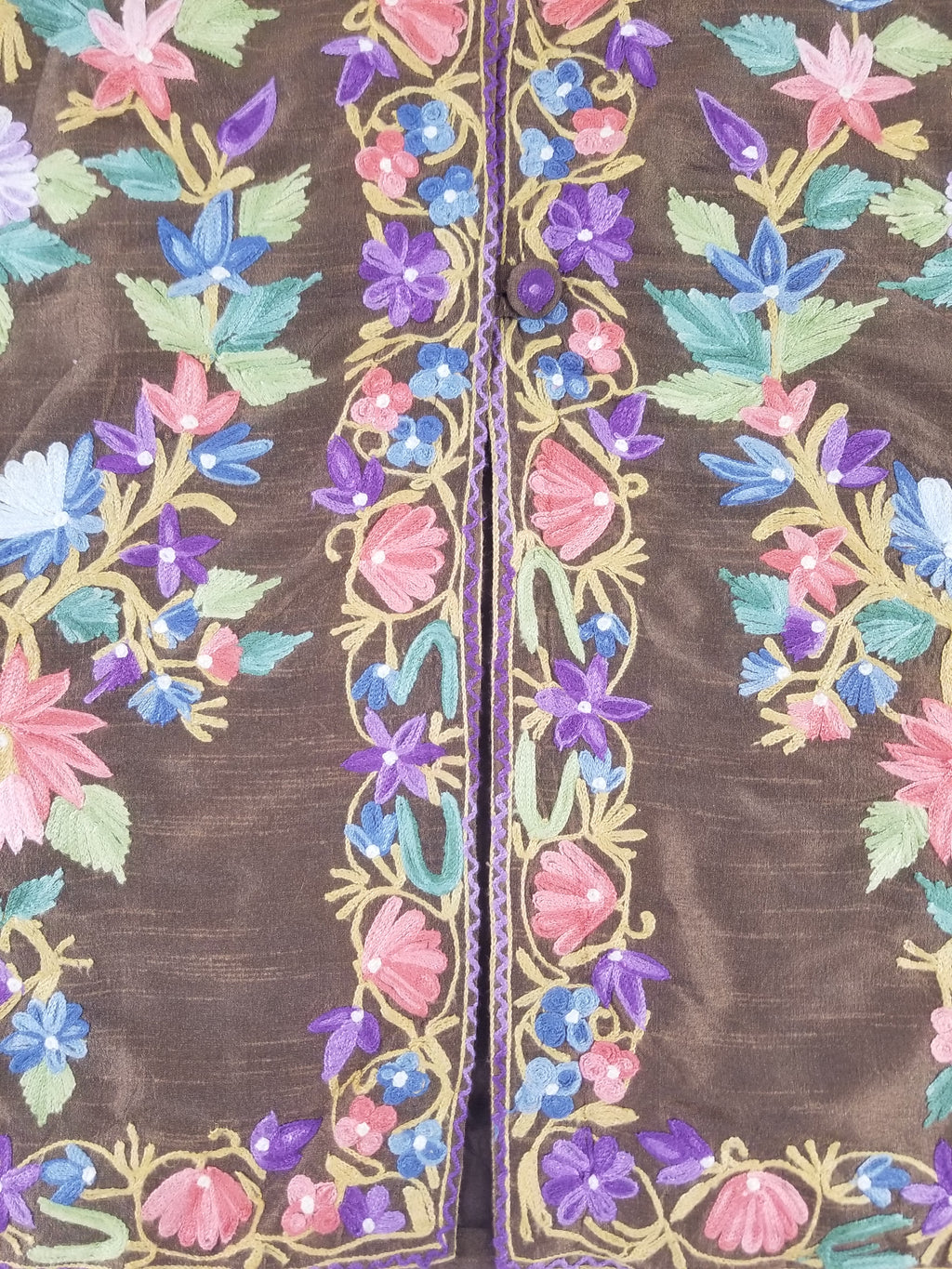 Vintage Traditional Kashmiri Crewel Embroidered Floral Silk Coat