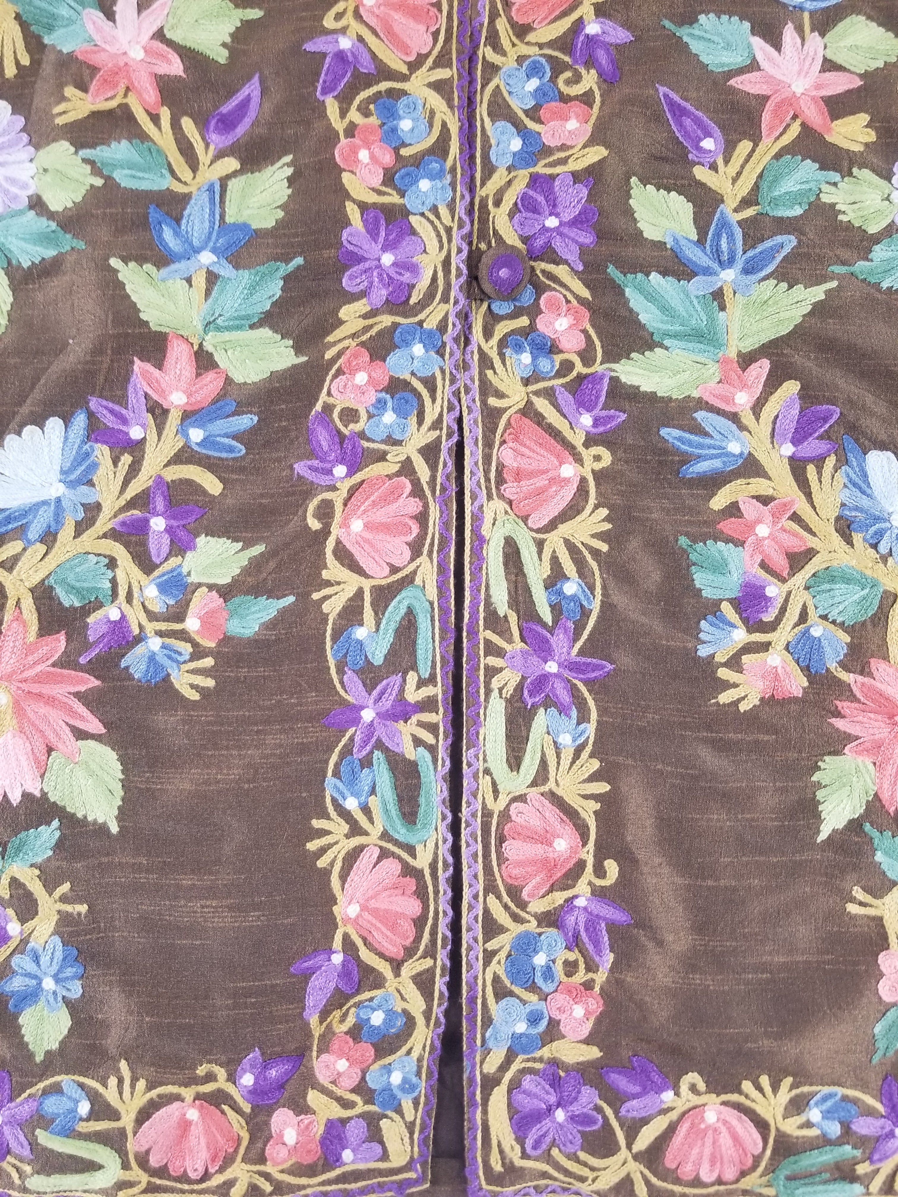 Vintage Traditional Kashmiri Crewel Embroidered Floral Silk Coat