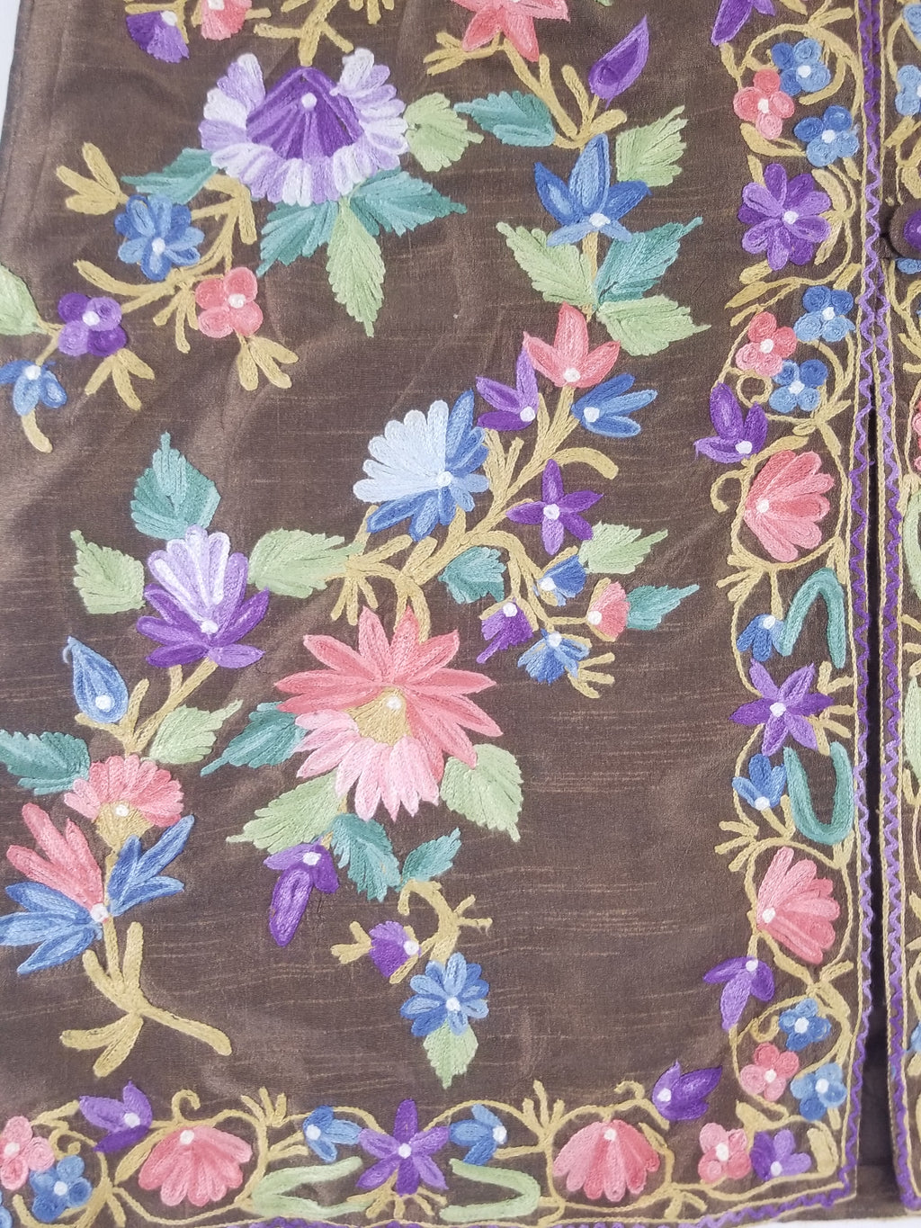 Vintage Traditional Kashmiri Crewel Embroidered Floral Silk Coat