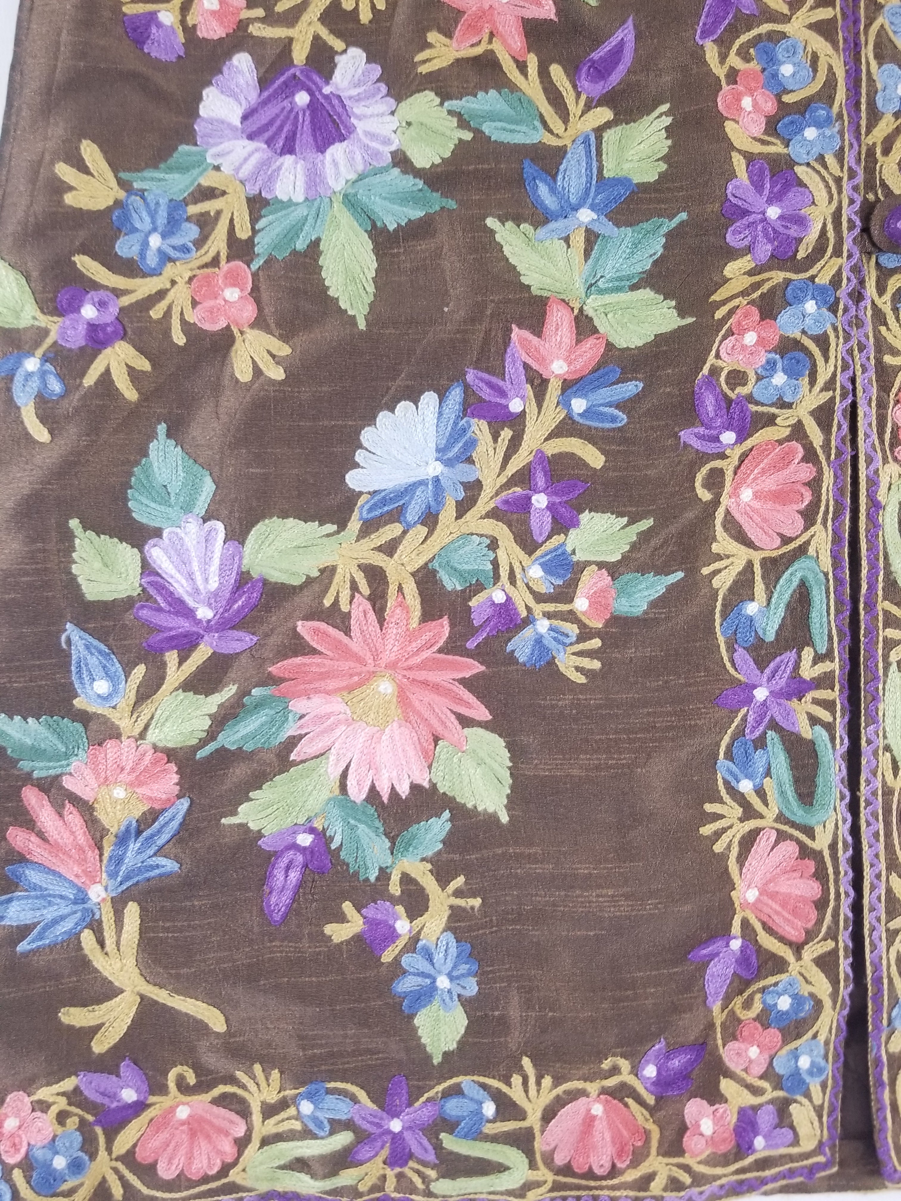 Vintage Traditional Kashmiri Crewel Embroidered Floral Silk Coat
